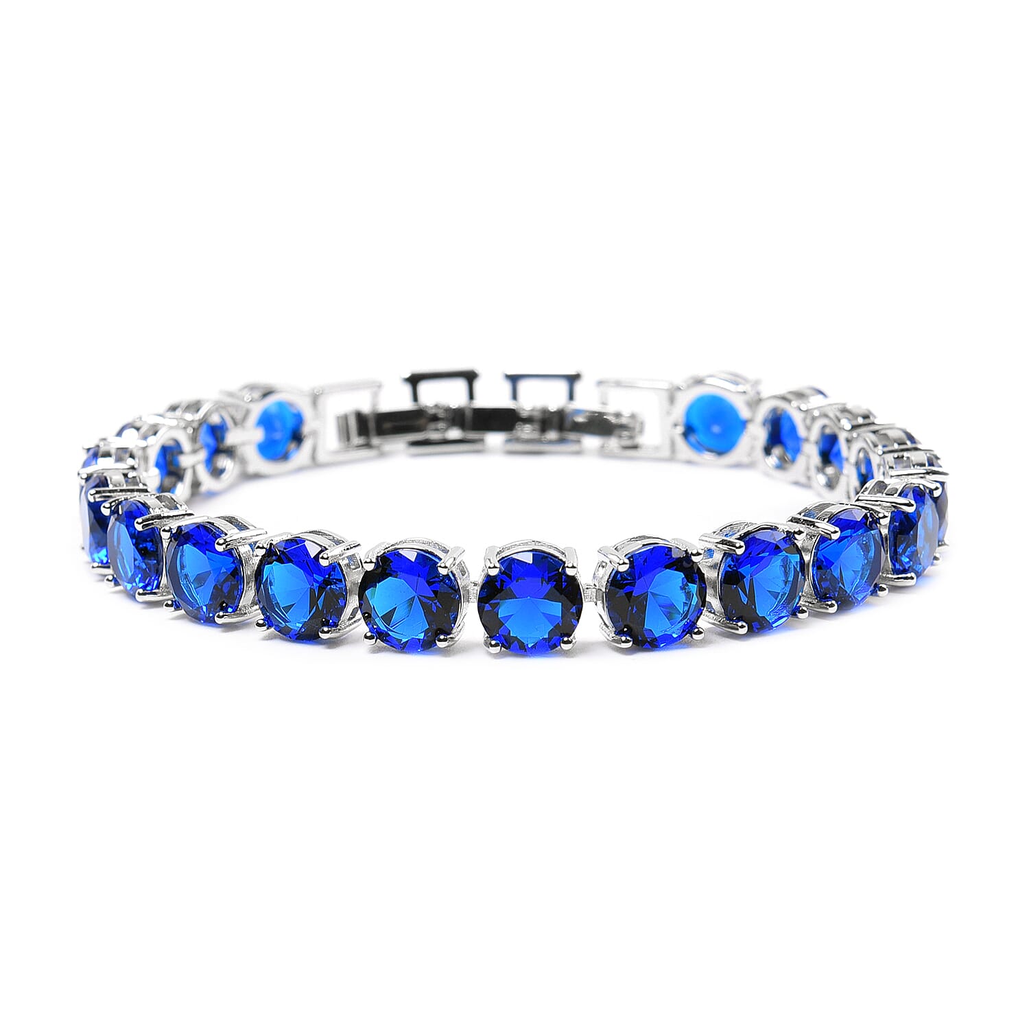 Simulated Blue Sapphire Tennis Bracelet (Size 8 with Extender) in Silver Tone