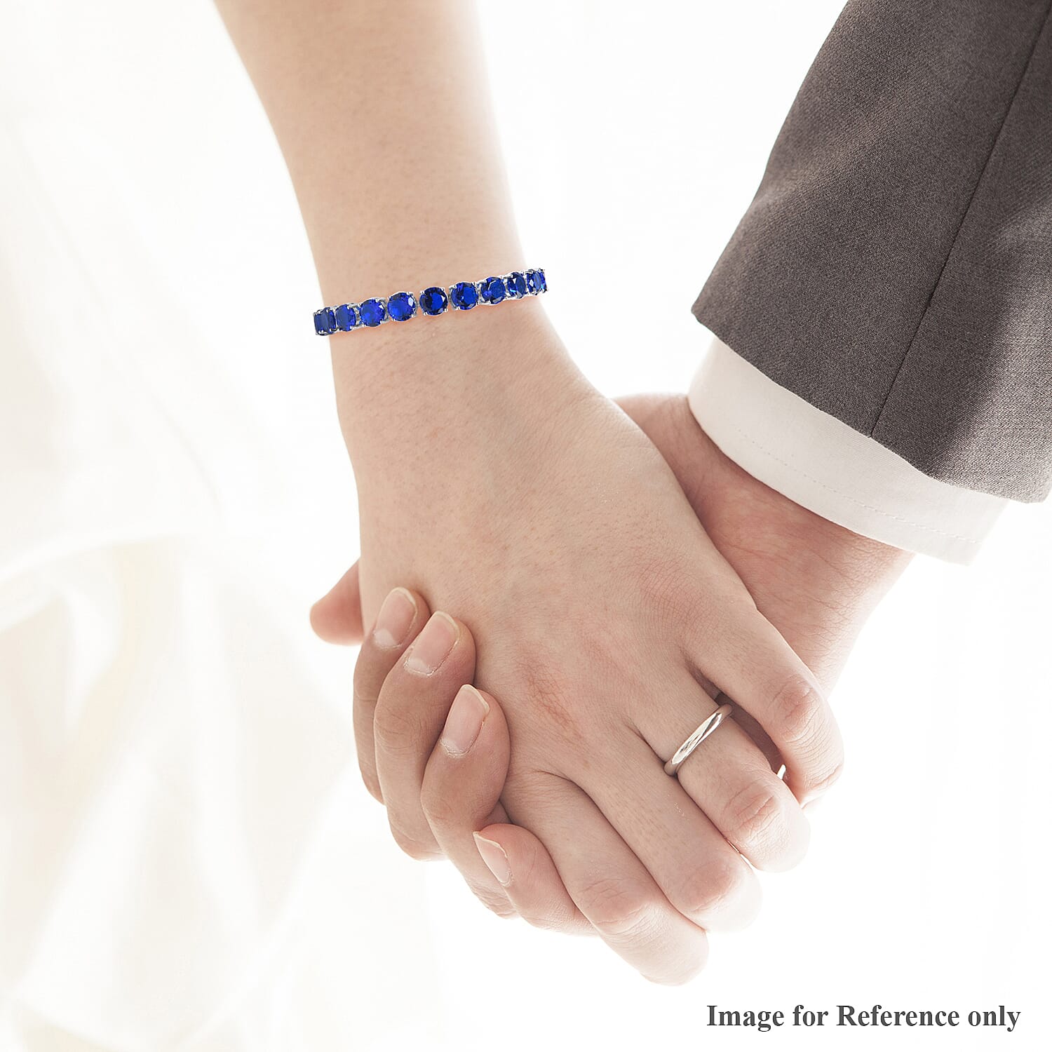 Simulated Blue Sapphire Tennis Bracelet (Size 8 with Extender) in Silver Tone