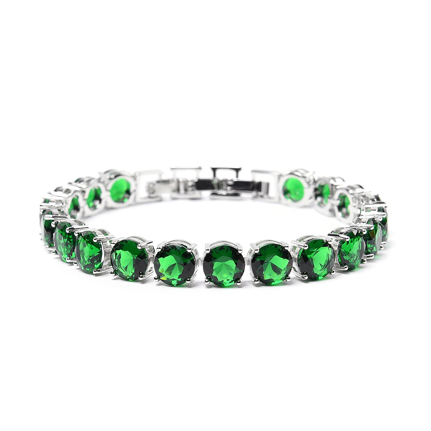 Simulated Emerald Tennis Bracelet (Size 8 with Extender) in Silver Tone