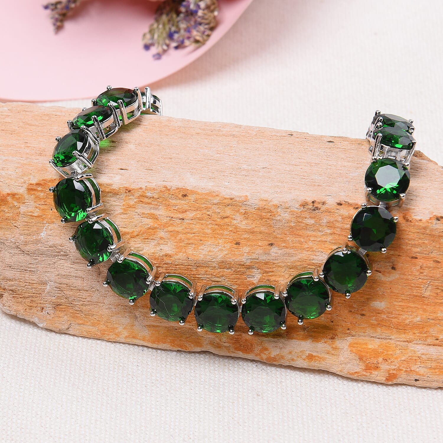 Simulated Emerald Tennis Bracelet (Size 8 with Extender) in Silver Tone
