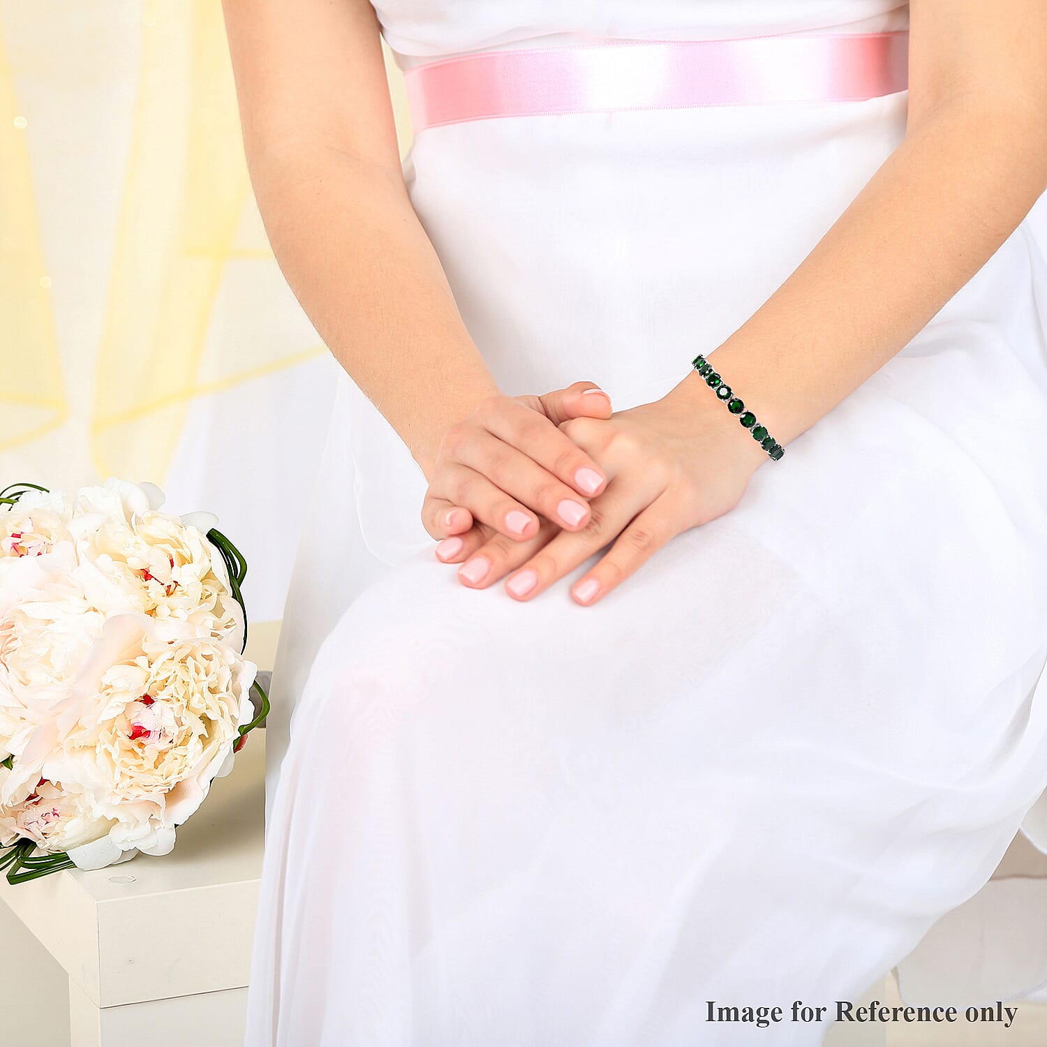 Simulated Emerald Tennis Bracelet (Size 8 with Extender) in Silver Tone