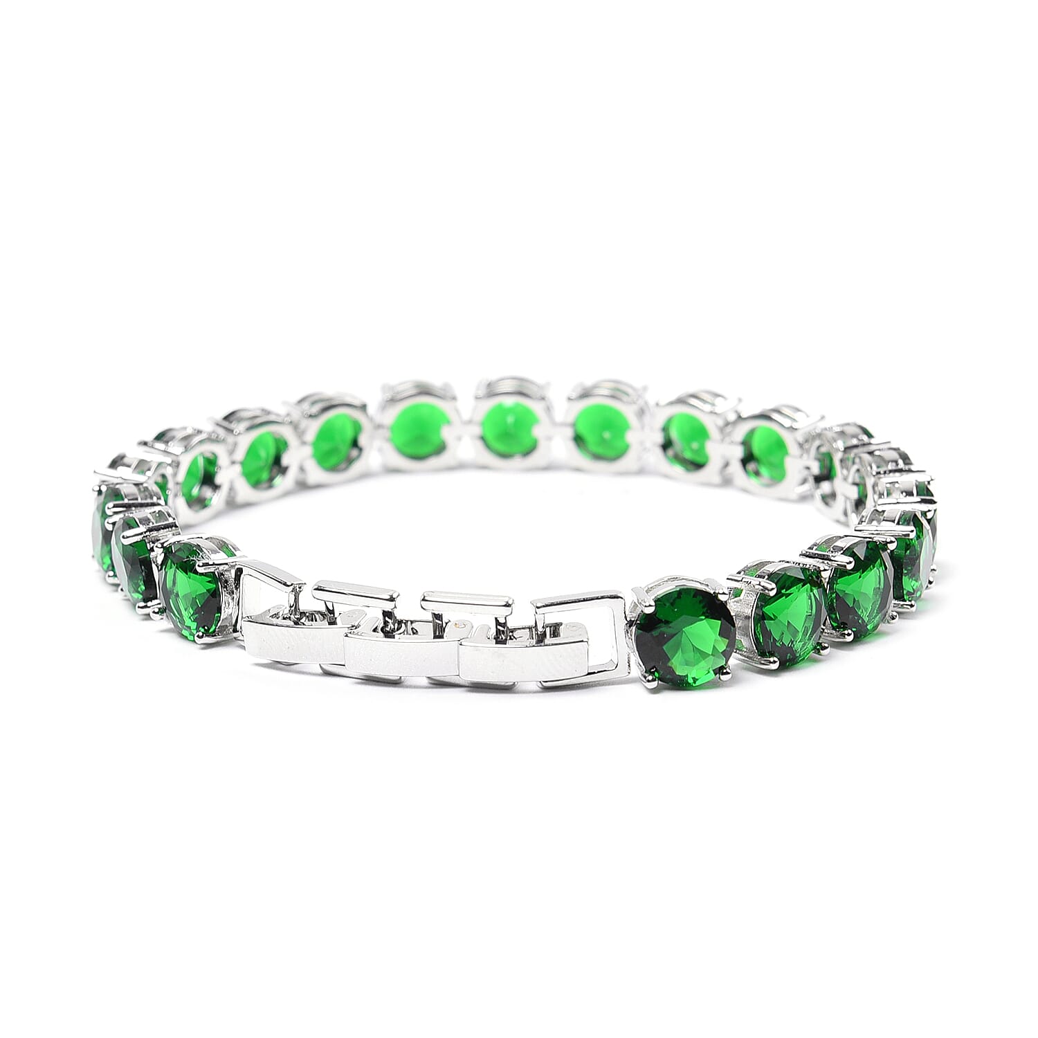 Simulated Emerald Tennis Bracelet (Size 8 with Extender) in Silver Tone