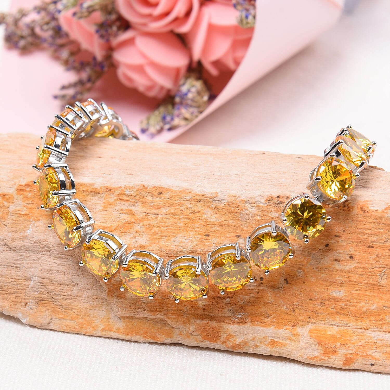 Simulated Yellow Sapphire Bracelet (Size 8 with Extender) in Silver Tone