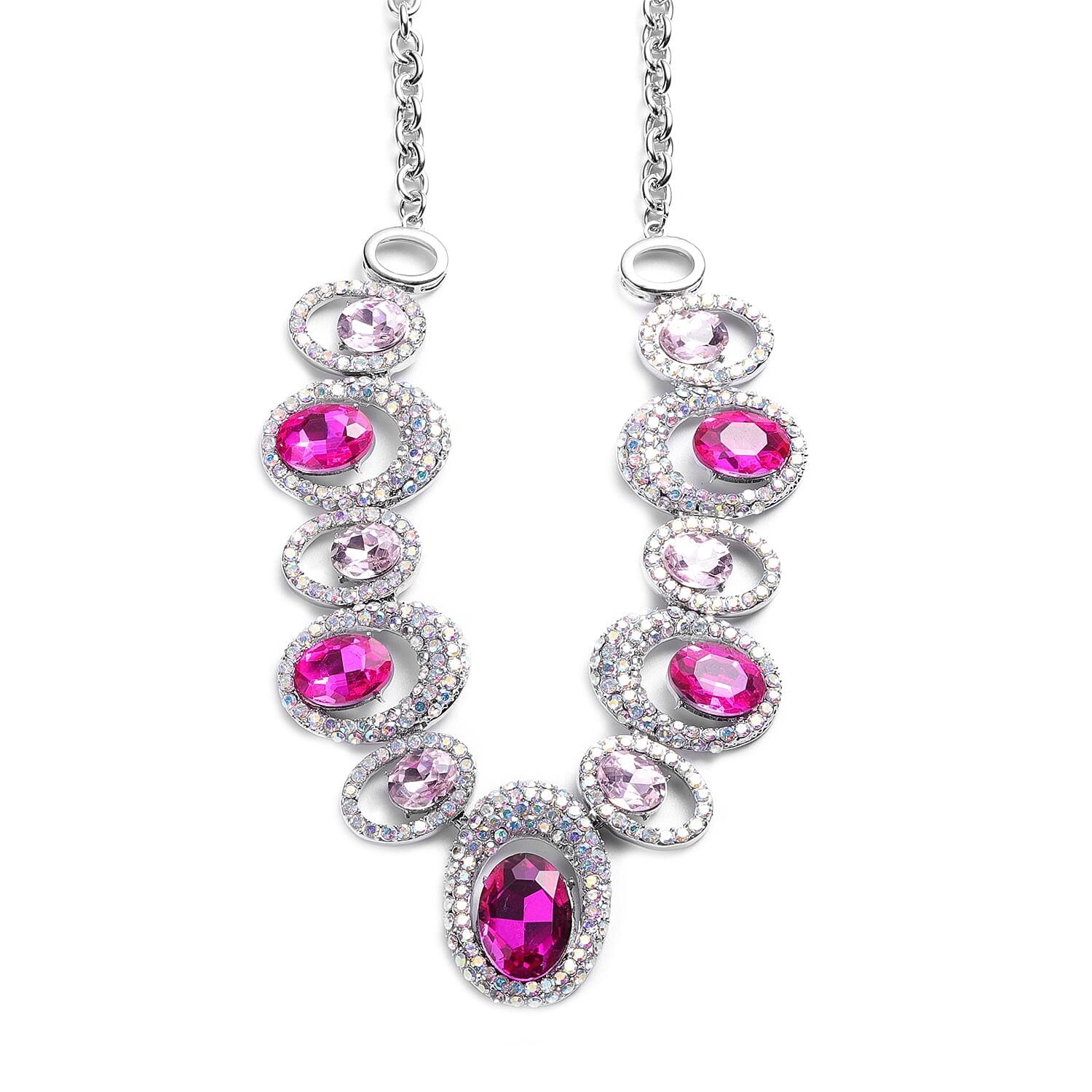 Simulated Pink Tourmaline, Simulated Pink Diamond and Simulated Mystic White Crystal Necklace (Size 22 with Extender) in Silver Tone