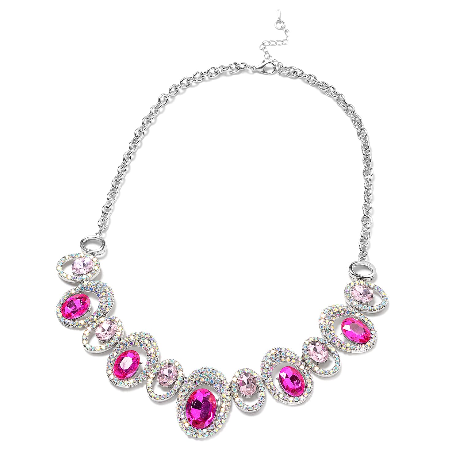 Simulated Pink Tourmaline, Simulated Pink Diamond and Simulated Mystic White Crystal Necklace (Size 22 with Extender) in Silver Tone