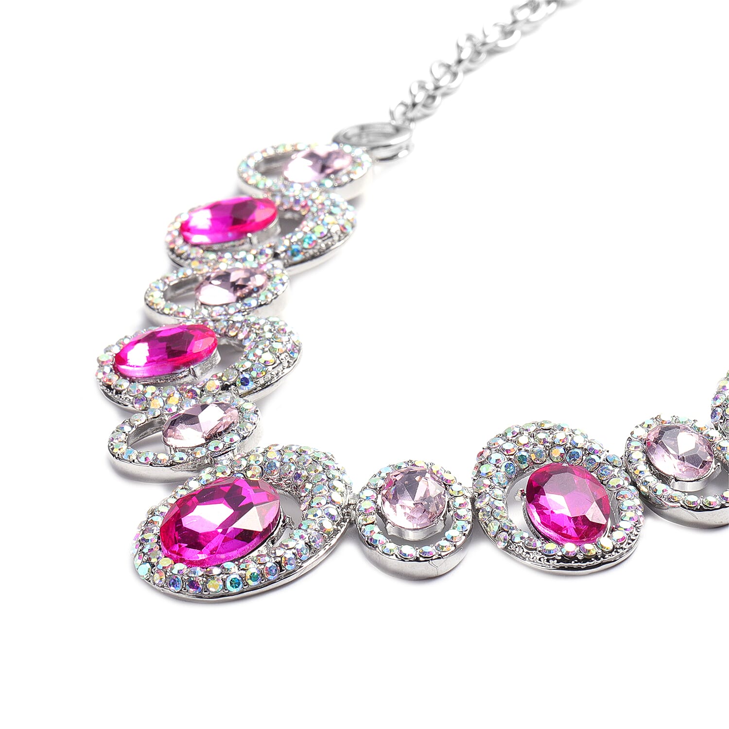 Simulated Pink Tourmaline, Simulated Pink Diamond and Simulated Mystic White Crystal Necklace (Size 22 with Extender) in Silver Tone