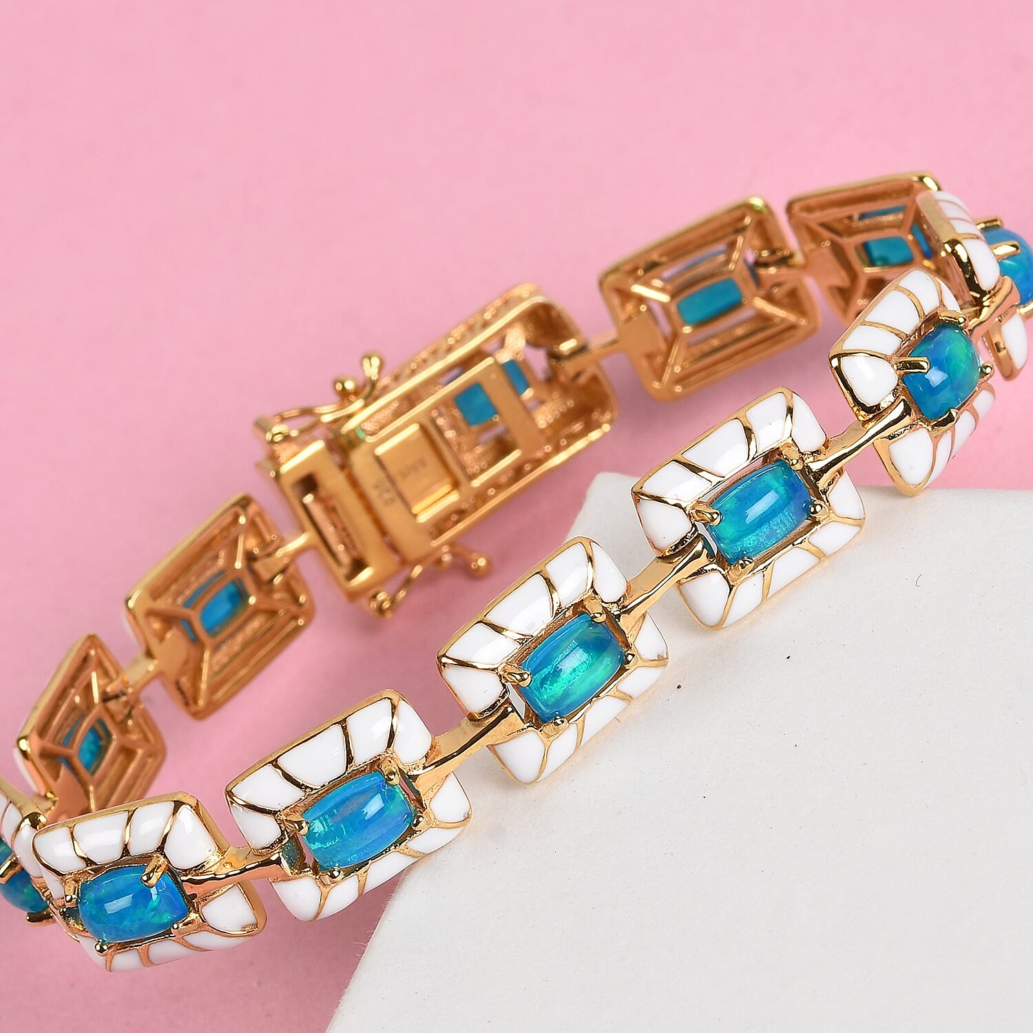 Miami Blue Welo Opal Enamelled Bracelet (Size 7.5) in 14K Gold Overlay Sterling Silver 5.00 Ct, Silver wt. 19.00 Gms