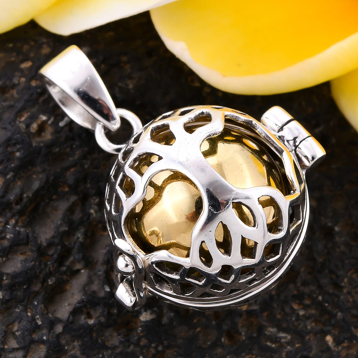 One Time Deal- Yellow Gold Overlay Sterling Silver Tree of Life Harmony Ball Pendant, Silver wt. 7.20 Gms