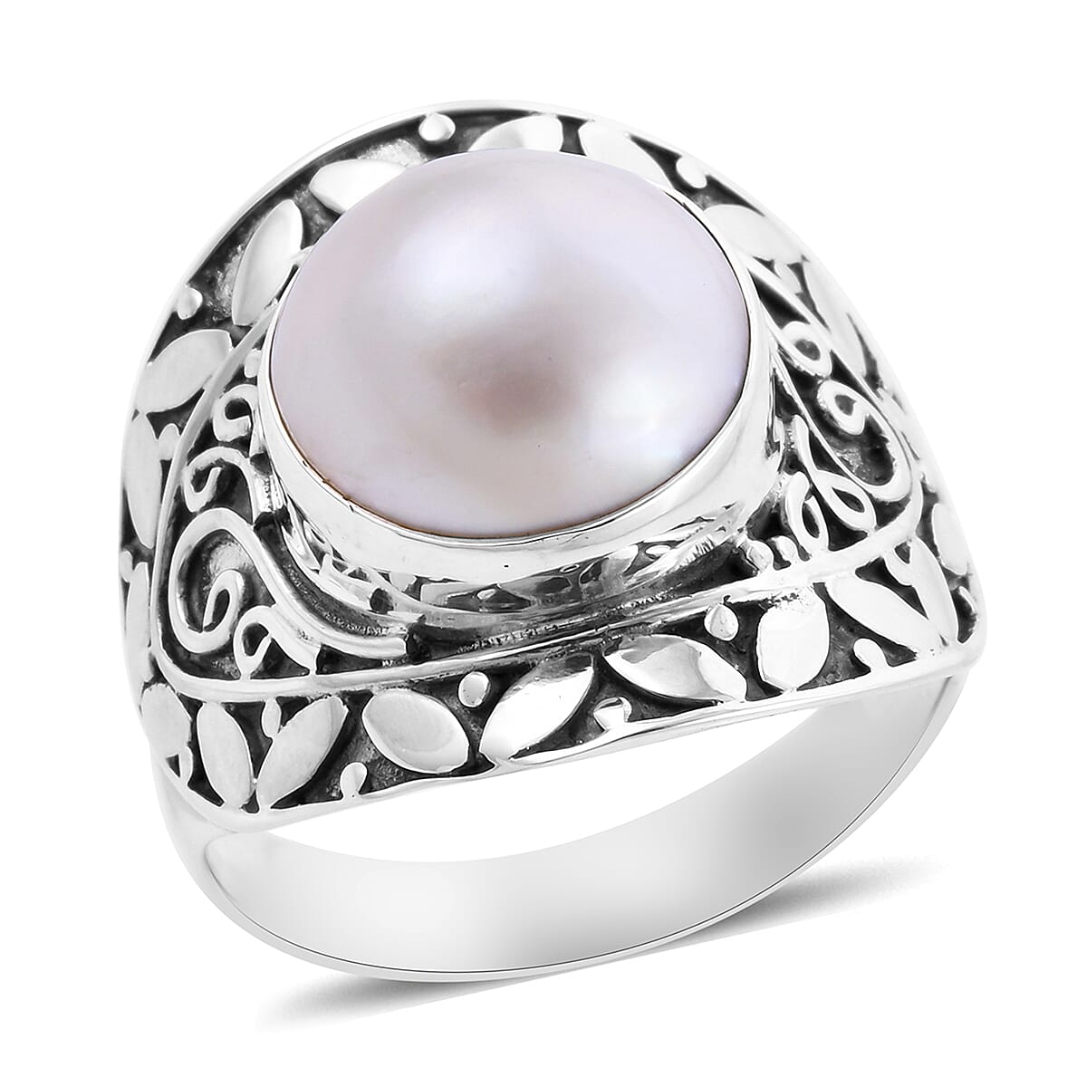 Royal Bali Collection - White Mabe Pearl Ring in Sterling Silver, Silver wt 5.79 Gms