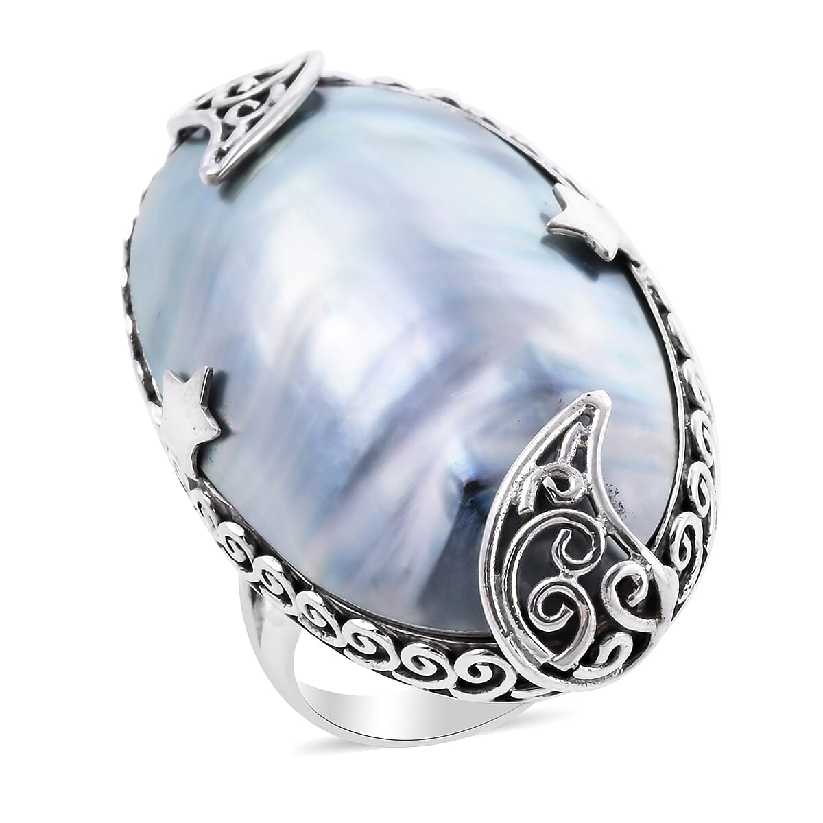 Royal Bali Collection - Blue Mabe Pearl Ring in Sterling Silver, Silver wt 7.39 Gms