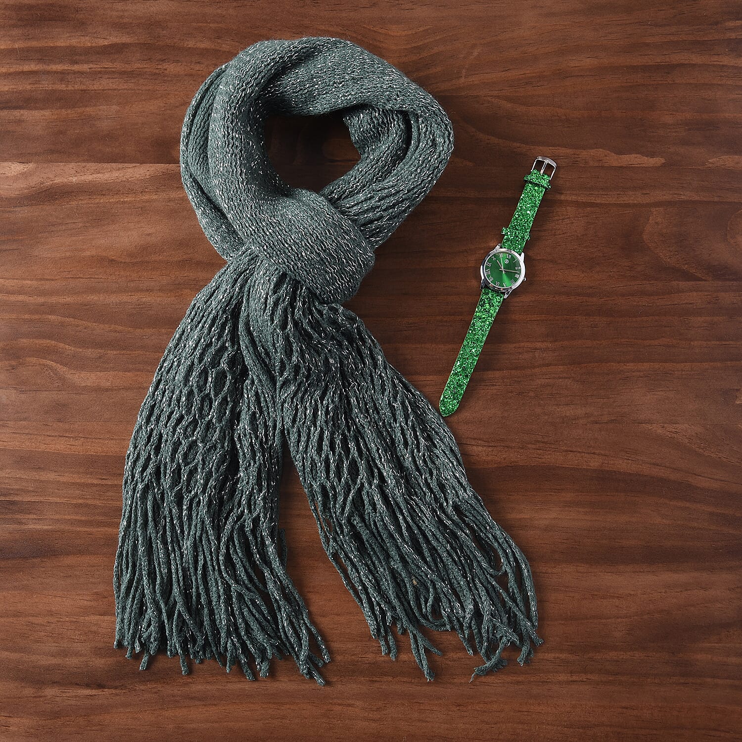 2 Piece Set - STRADA Japanese Movement Water Resistant Watch with Green Sequin Strap and Matching Green with Silver Magic Glistening Knit Pattern Scarf with Tassels (Size 175x50 Cm)