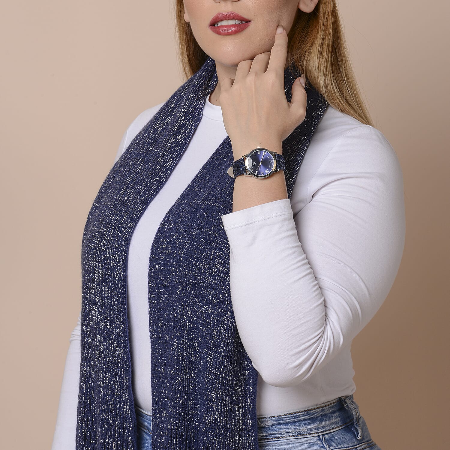 2 Piece Set - STRADA Japanese Movement Water Resistant Watch with Green Sequin Strap and Matching Green with Silver Magic Glistening Knit Pattern Scarf with Tassels (Size 175x50 Cm)