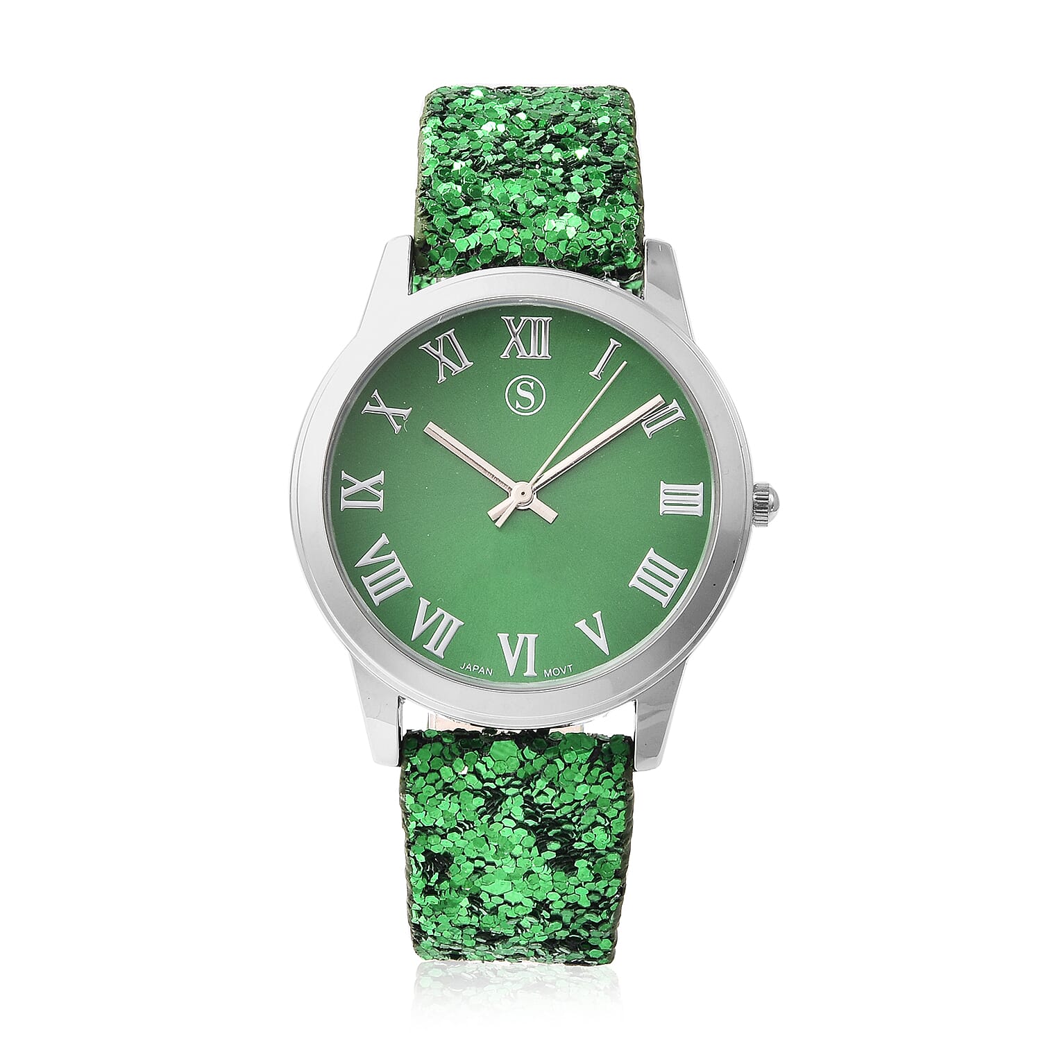 2 Piece Set - STRADA Japanese Movement Water Resistant Watch with Green Sequin Strap and Matching Green with Silver Magic Glistening Knit Pattern Scarf with Tassels (Size 175x50 Cm)