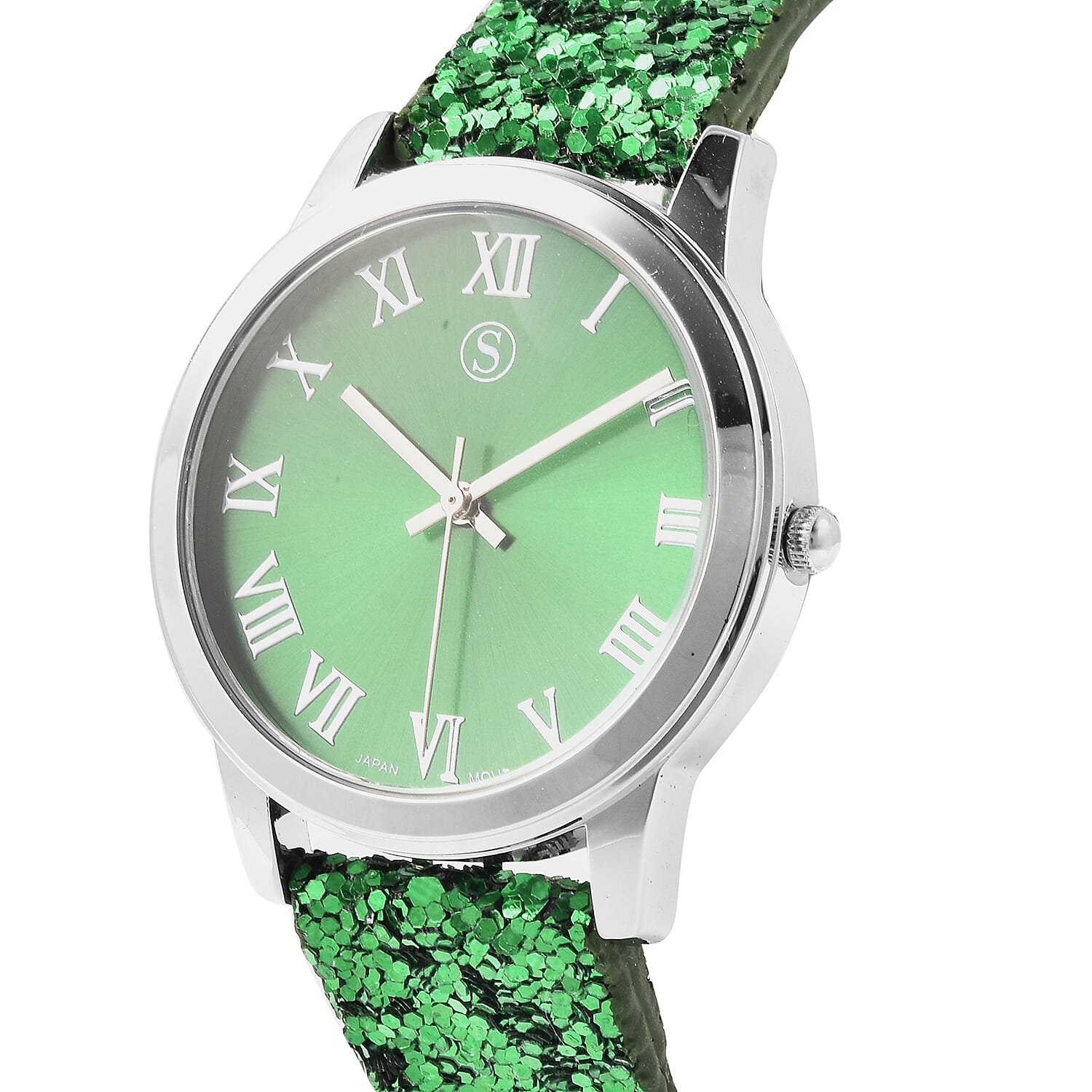 2 Piece Set - STRADA Japanese Movement Water Resistant Watch with Green Sequin Strap and Matching Green with Silver Magic Glistening Knit Pattern Scarf with Tassels (Size 175x50 Cm)