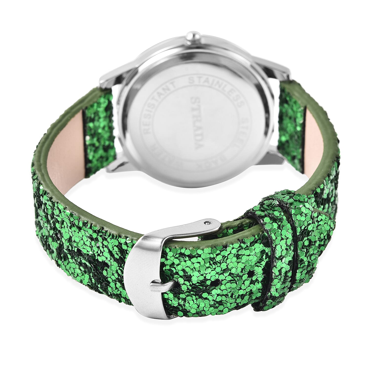 2 Piece Set - STRADA Japanese Movement Water Resistant Watch with Green Sequin Strap and Matching Green with Silver Magic Glistening Knit Pattern Scarf with Tassels (Size 175x50 Cm)
