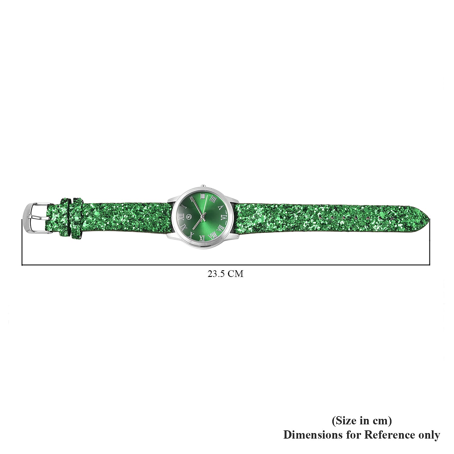 2 Piece Set - STRADA Japanese Movement Water Resistant Watch with Green Sequin Strap and Matching Green with Silver Magic Glistening Knit Pattern Scarf with Tassels (Size 175x50 Cm)