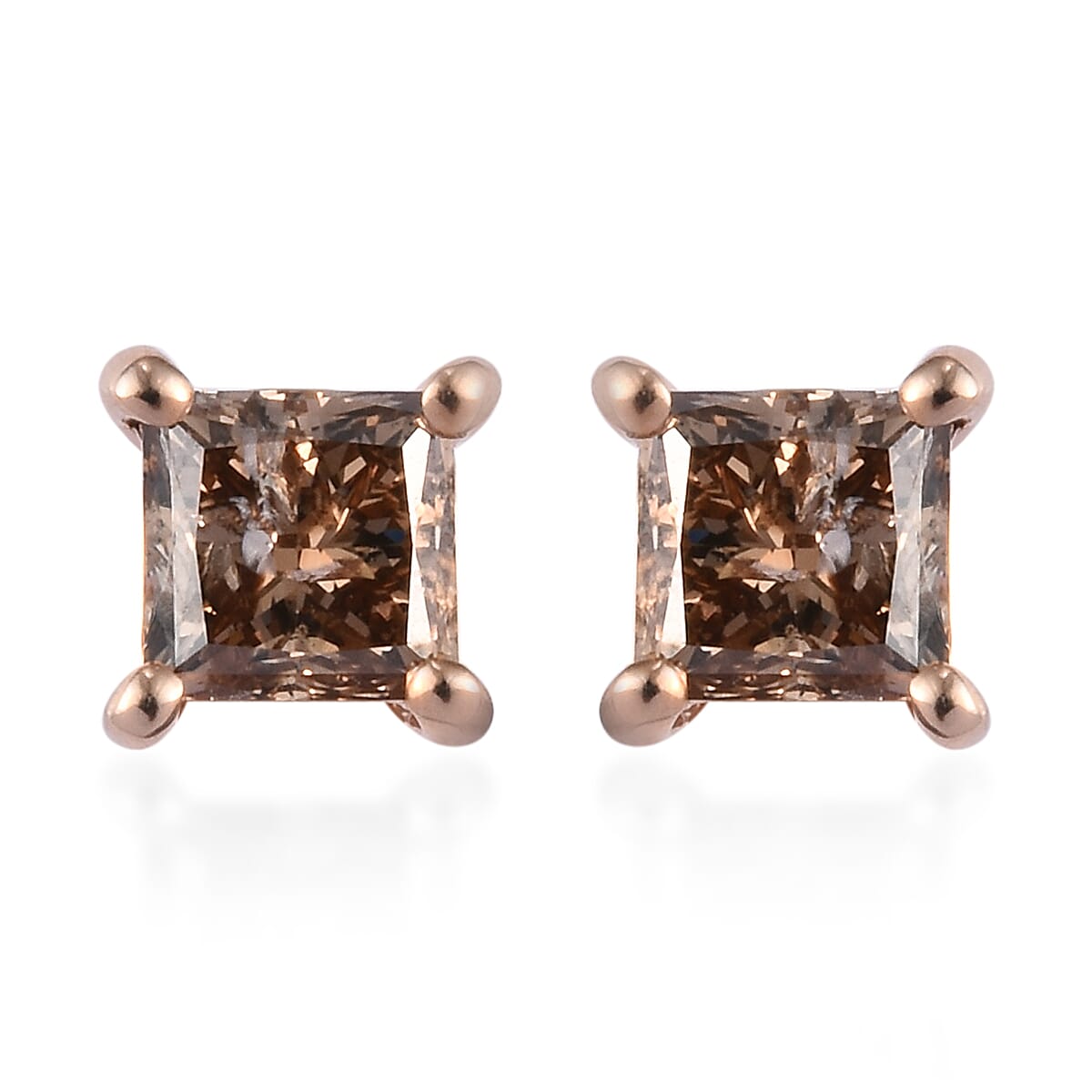 9K Rose Gold SGL Certified Natural Champagne Diamond (I3) Stud Earrings (with Push Back) 1.00 Ct.
