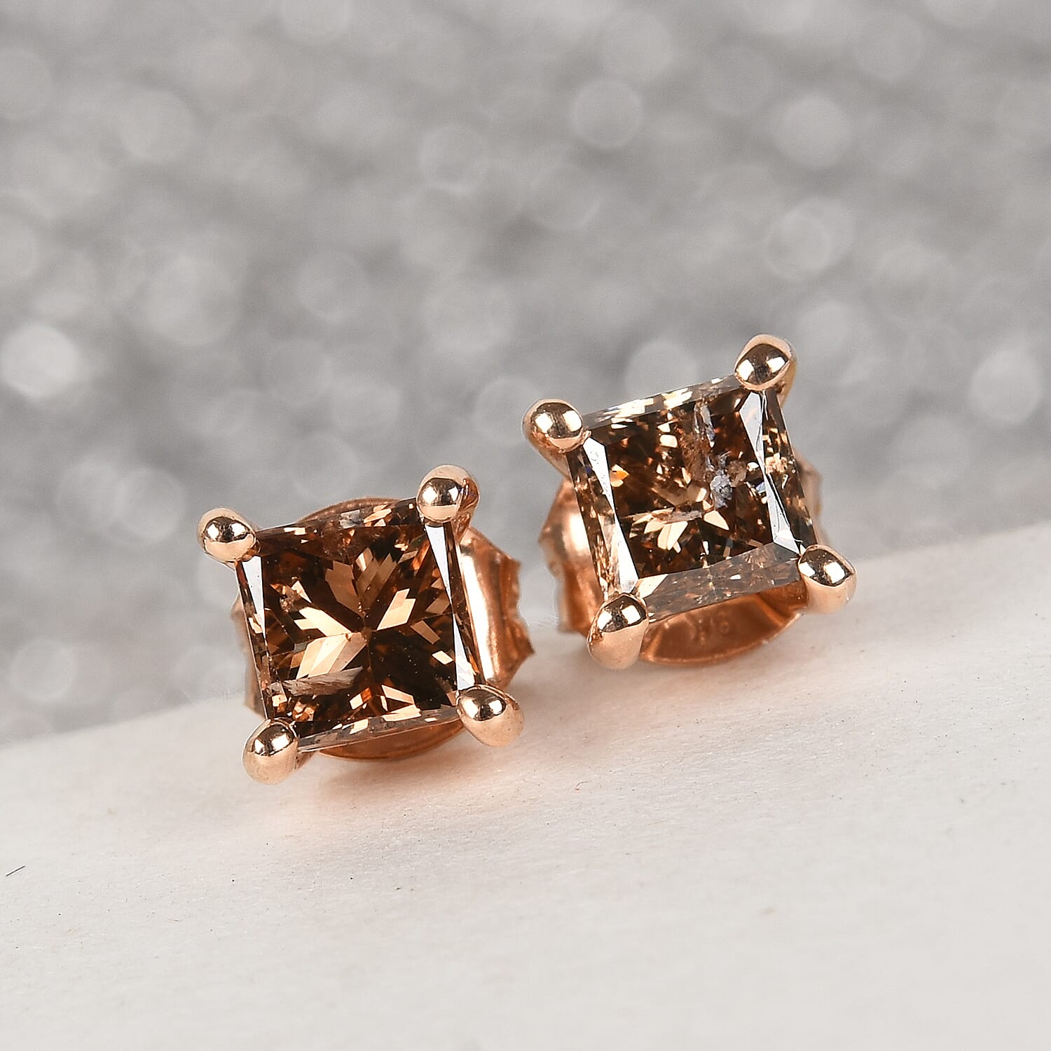 9K Rose Gold SGL Certified Natural Champagne Diamond (I3) Stud Earrings (with Push Back) 1.00 Ct.
