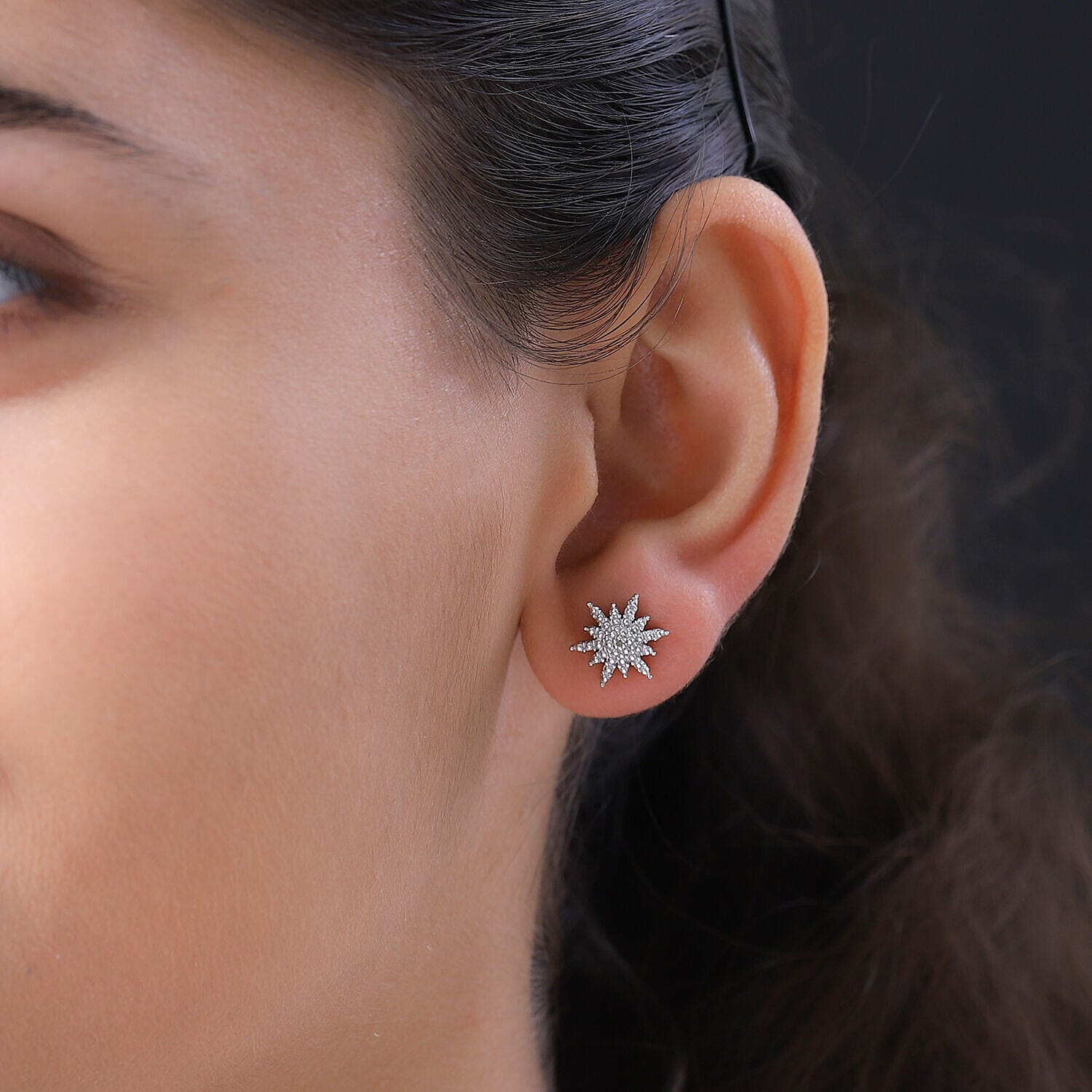 Diamond Starburst Stud Earrings in Platinum Overlay Sterling Silver