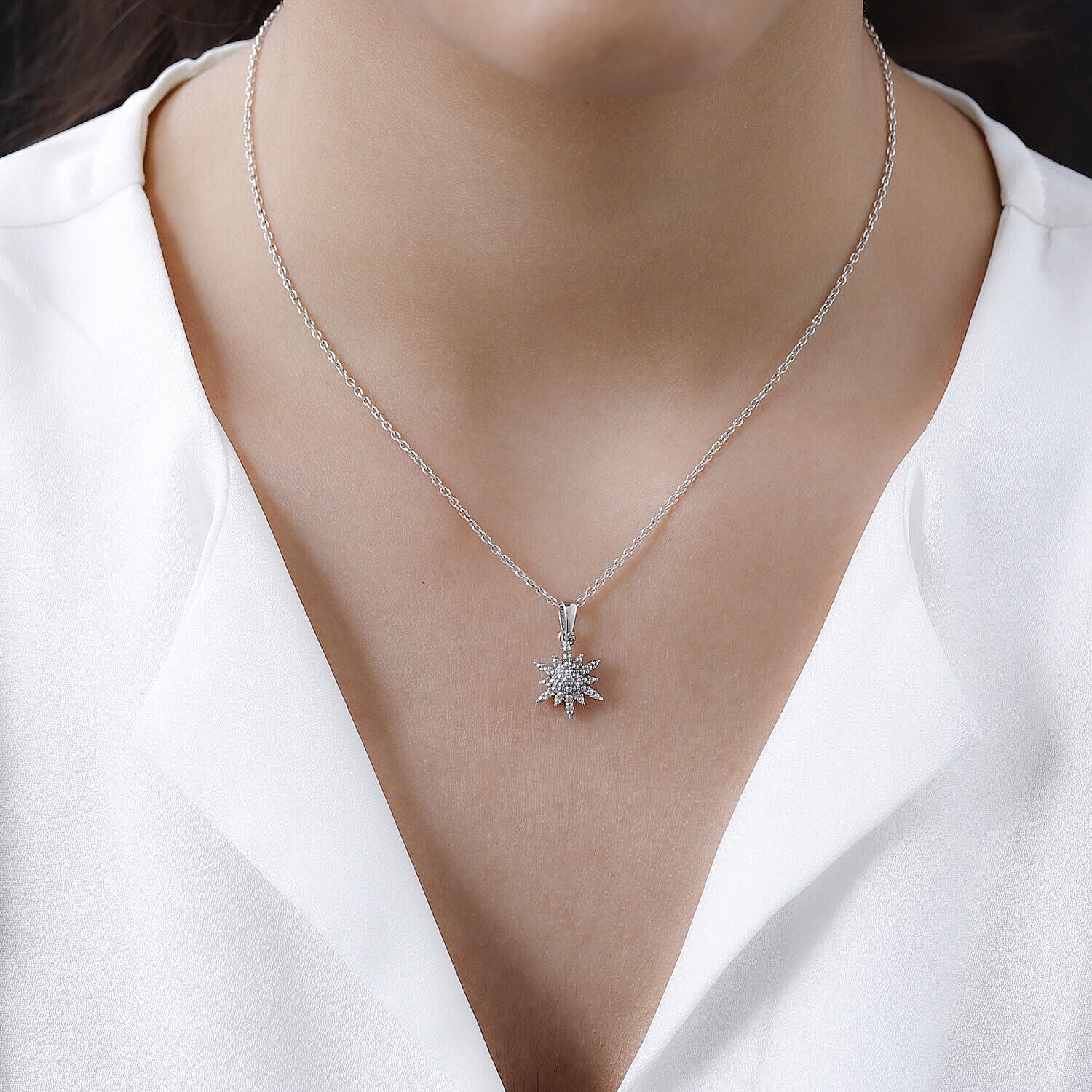 Diamond Starburst Pendant (with Clasp) in Platinum Overlay Sterling Silver