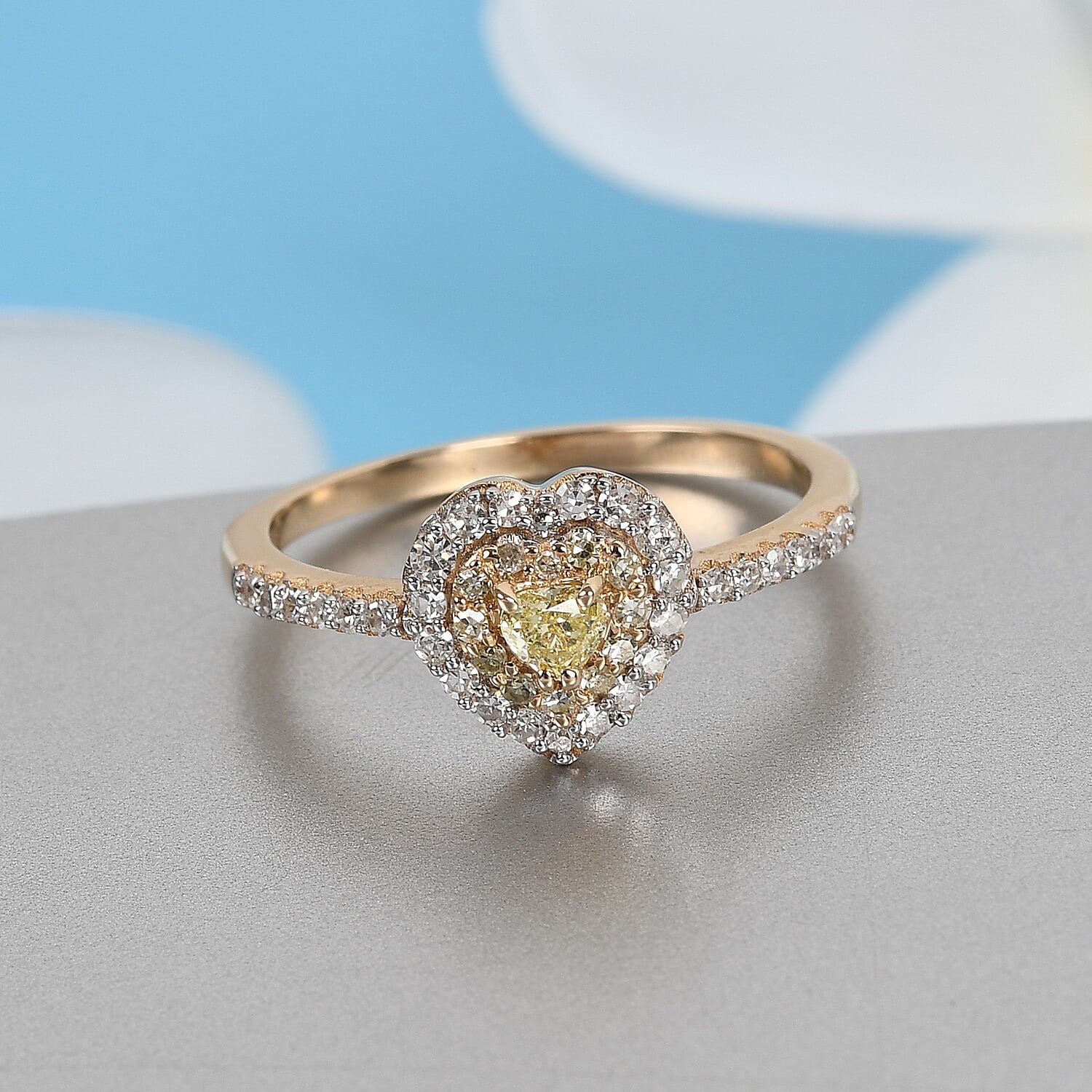 14K Yellow Gold Natural Yellow Diamond and White Diamond Heart Ring 0.50 Ct.