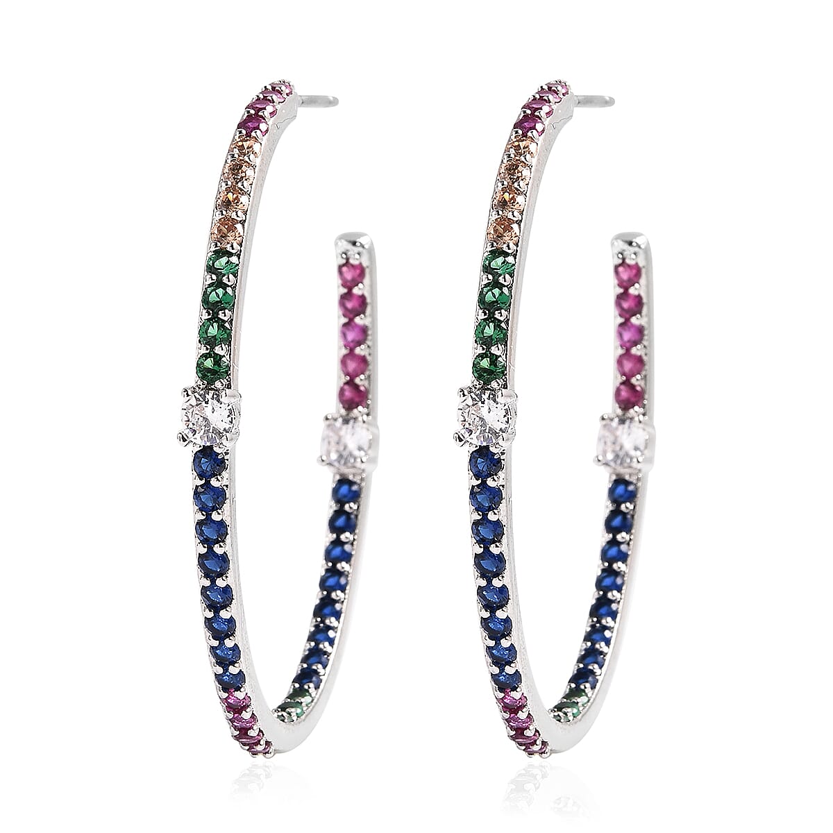 Simulated Rainbow Sapphire Earrings (with Push Back) in Silver Tone