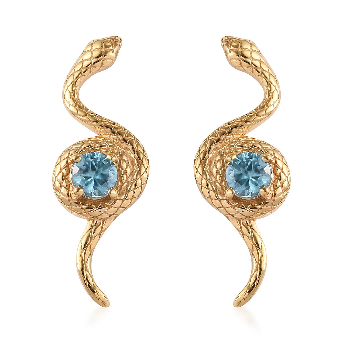 Ratanakiri Blue Zircon Snake Earrings (with Push Back) in 14K Gold Overlay Sterling Silver 1.00 Ct.