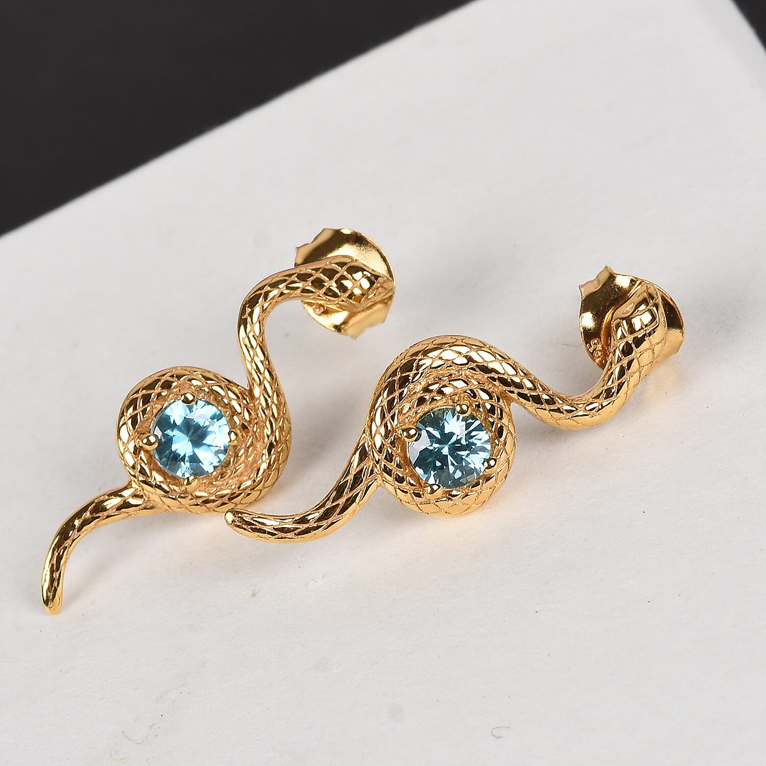 Ratanakiri Blue Zircon Snake Earrings (with Push Back) in 14K Gold Overlay Sterling Silver 1.00 Ct.