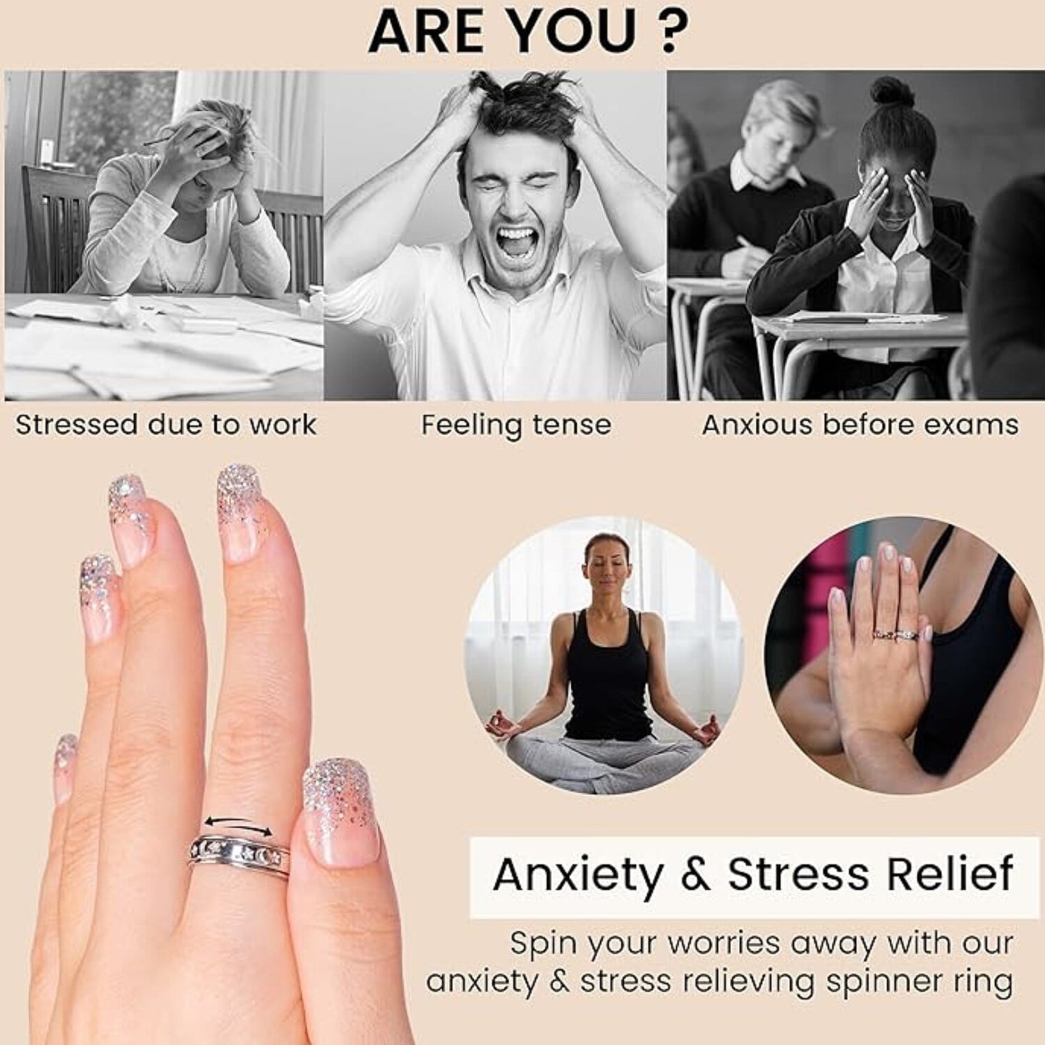 Sterling Silver Fidget Spinner Band Anxiety Stress Reliever Ring for Men and Women