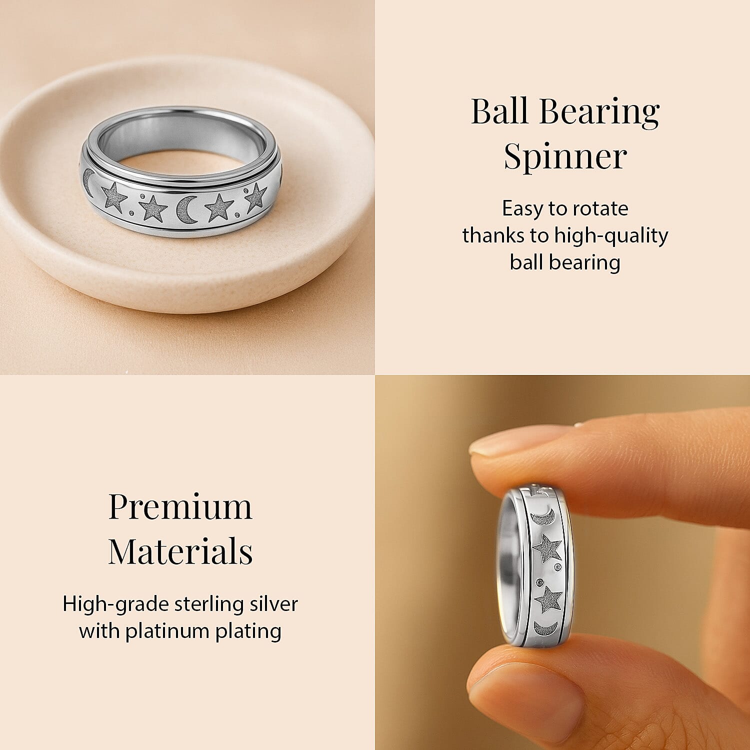 Sterling Silver Fidget Spinner Band Anxiety Stress Reliever Ring for Men and Women