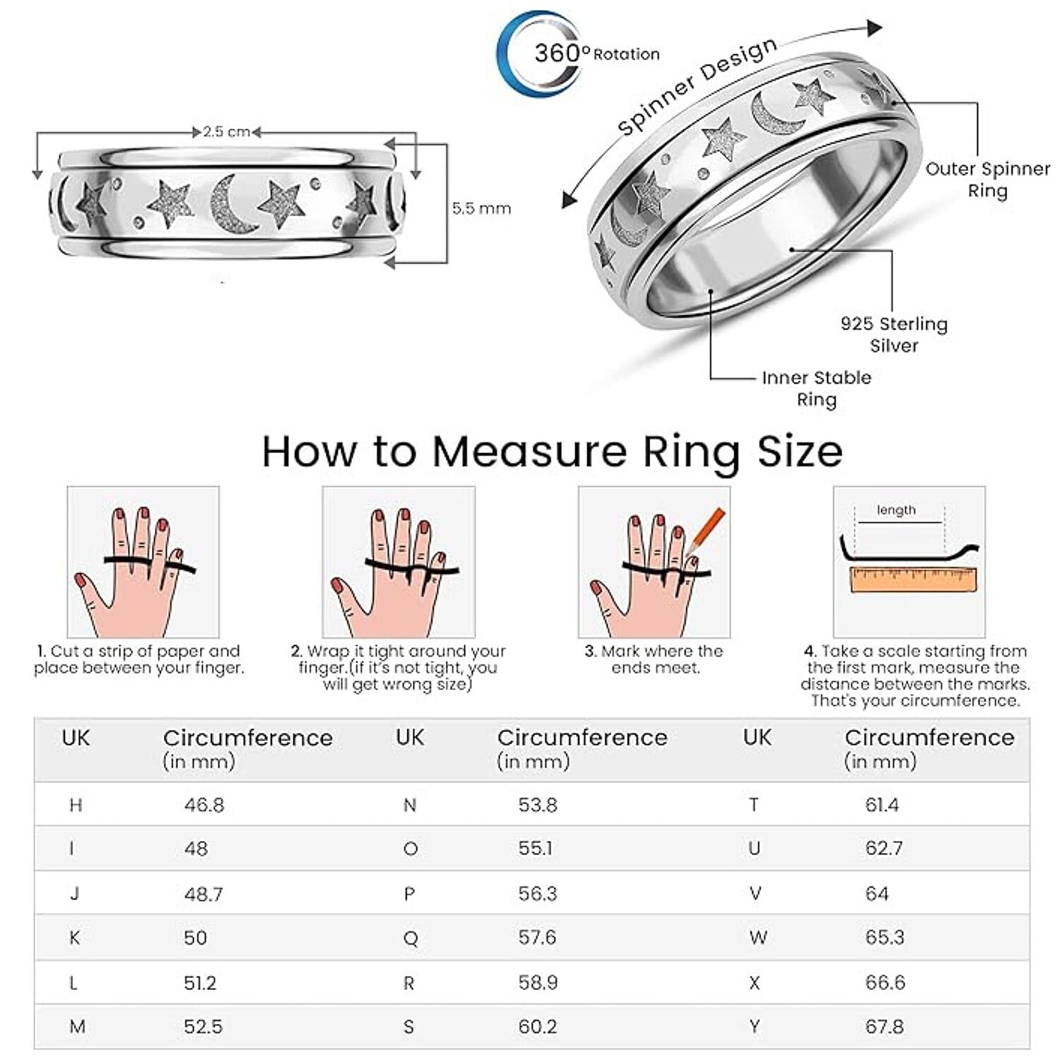 Sterling Silver Fidget Spinner Band Anxiety Stress Reliever Ring for Men and Women