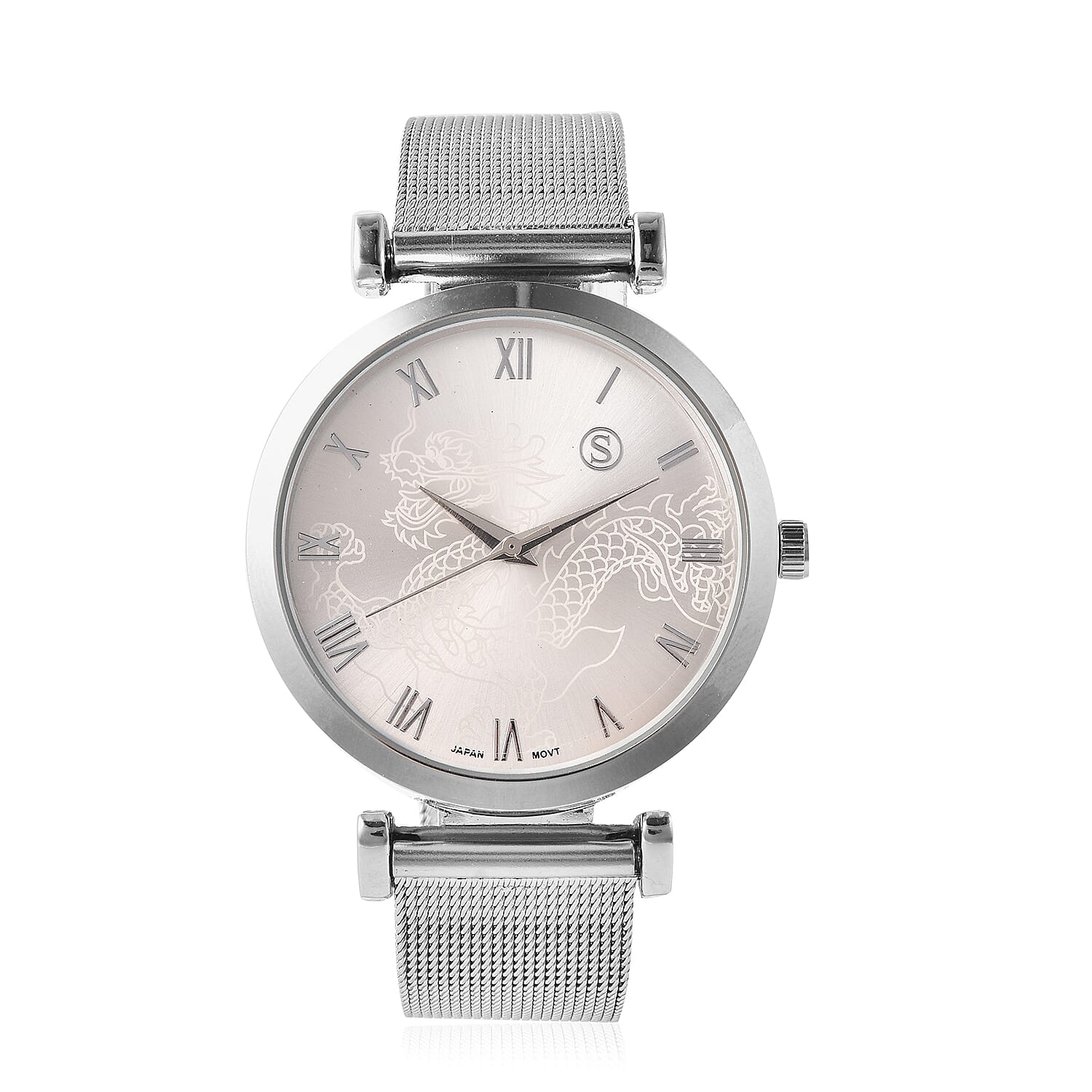 STRADA Japanese Movement Dragon Pattern Dial Water Resistant Watch with Mesh Style Strap in Silver Tone