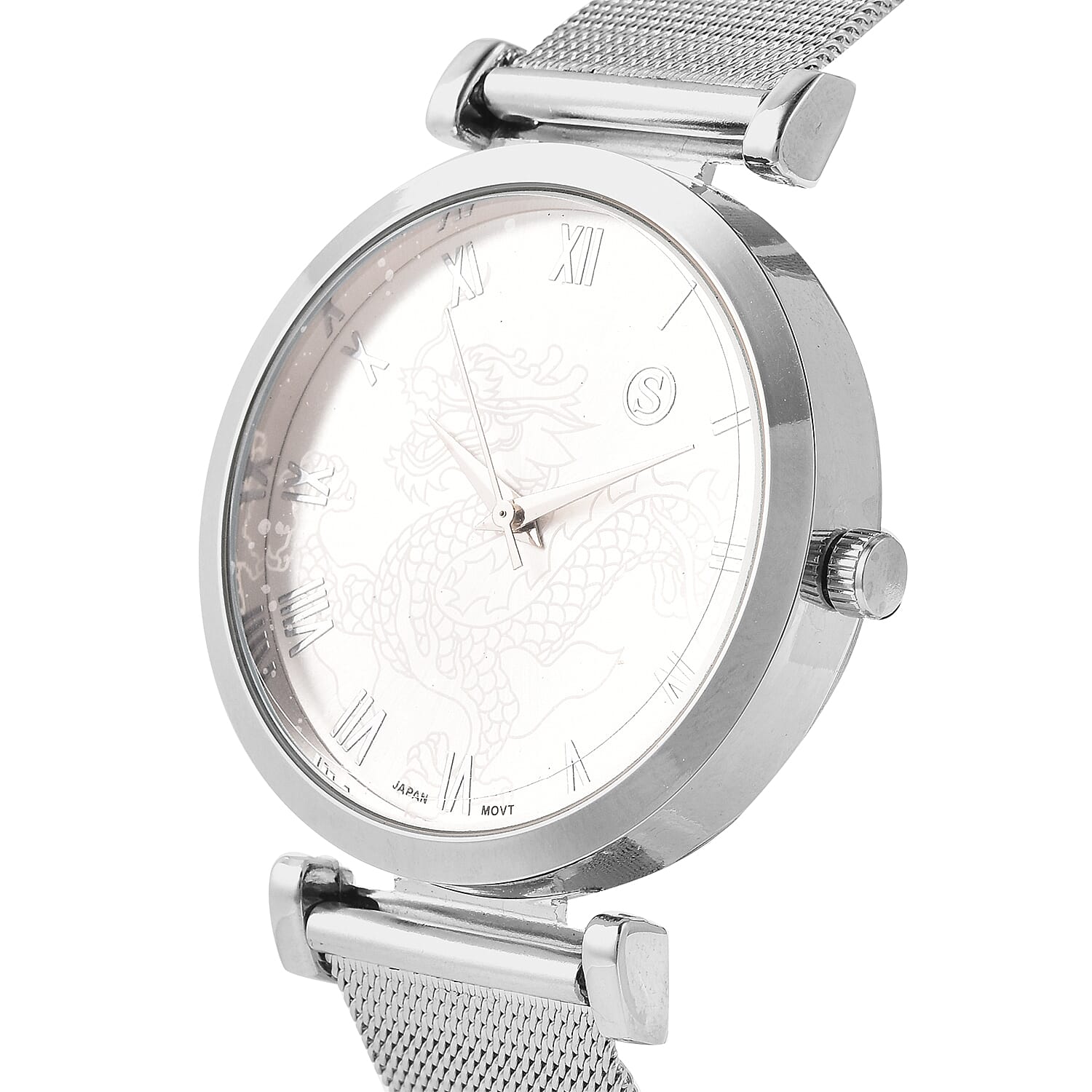 STRADA Japanese Movement Dragon Pattern Dial Water Resistant Watch with Mesh Style Strap in Silver Tone