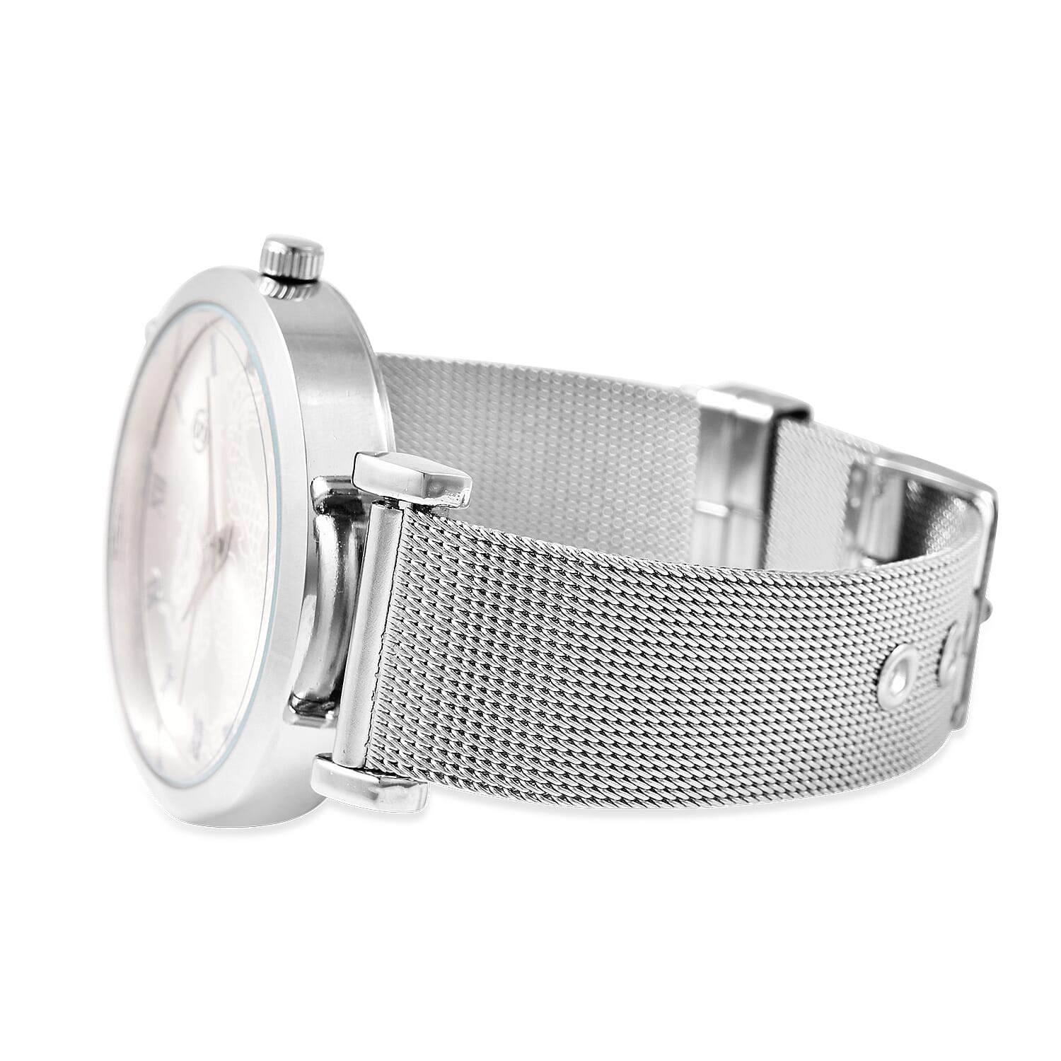 STRADA Japanese Movement Dragon Pattern Dial Water Resistant Watch with Mesh Style Strap in Silver Tone