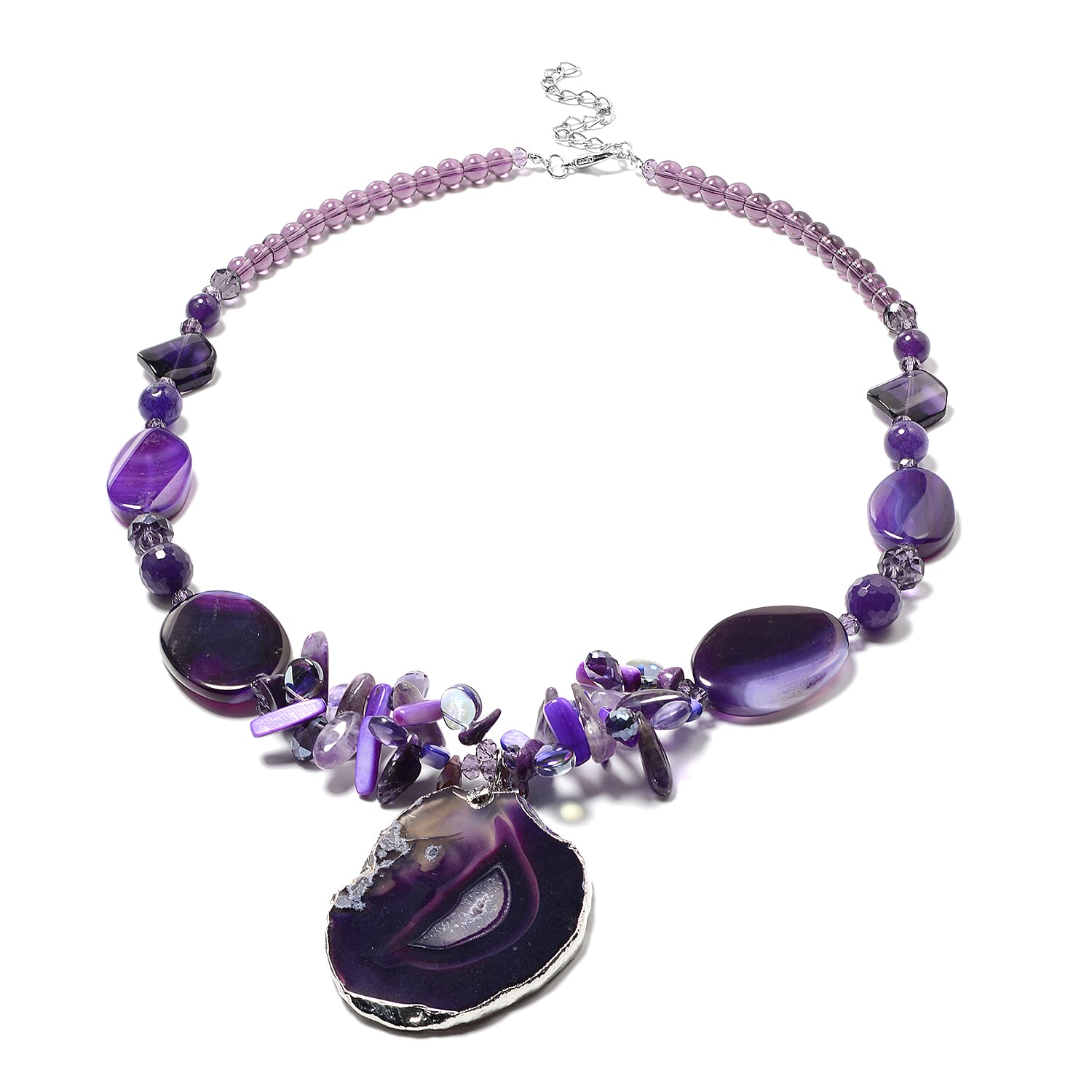 Purple Shell, Purple Quartzite, Purple Agate, Simulated Amethyst and Purple Magic Colour Beads Necklace (Size 28 with 3 inch Extender) in Silver Tone 529.00 Ct.