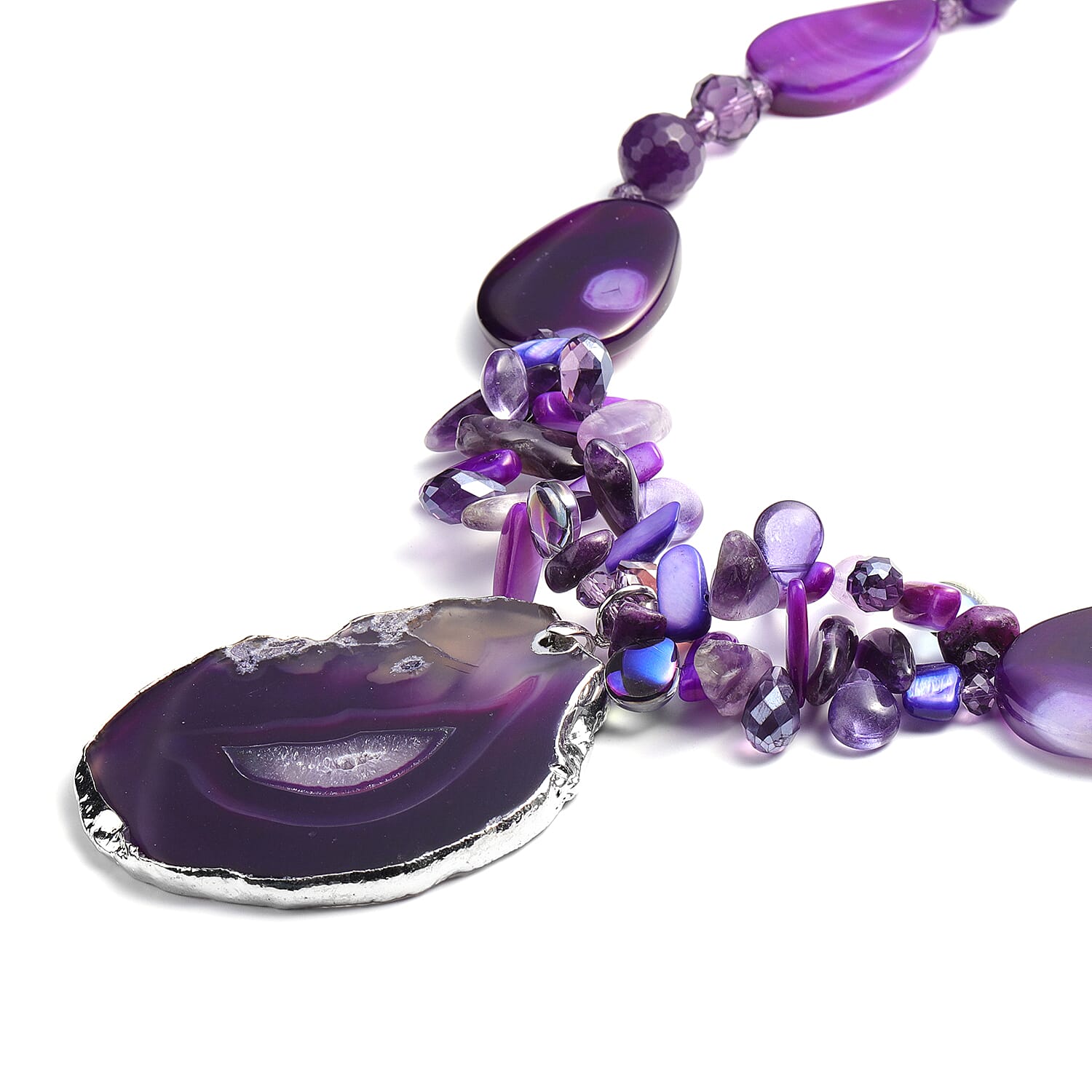 Purple Shell, Purple Quartzite, Purple Agate, Simulated Amethyst and Purple Magic Colour Beads Necklace (Size 28 with 3 inch Extender) in Silver Tone 529.00 Ct.