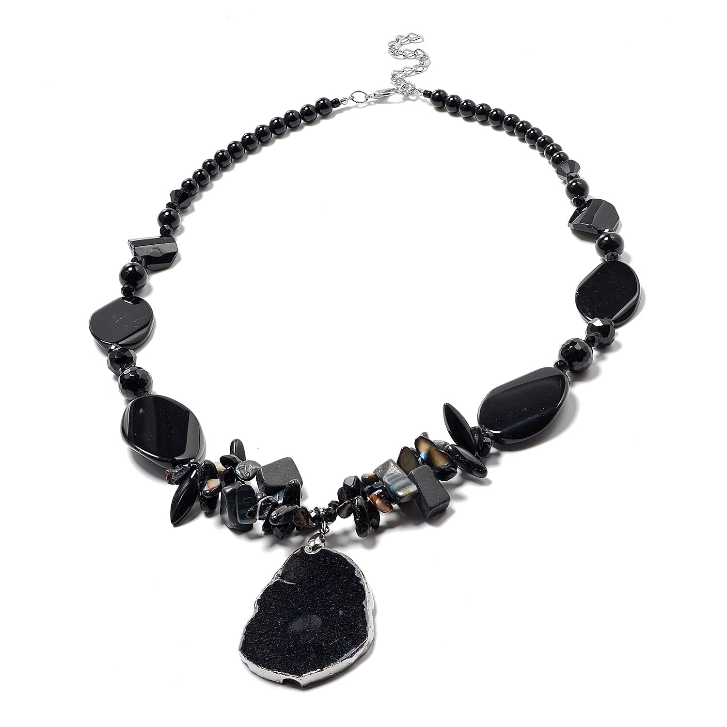 Black Agate, Black Quartzite, Simulated Black Spinel and Black Shell Necklace (Size 28 with 3 inch Extender)