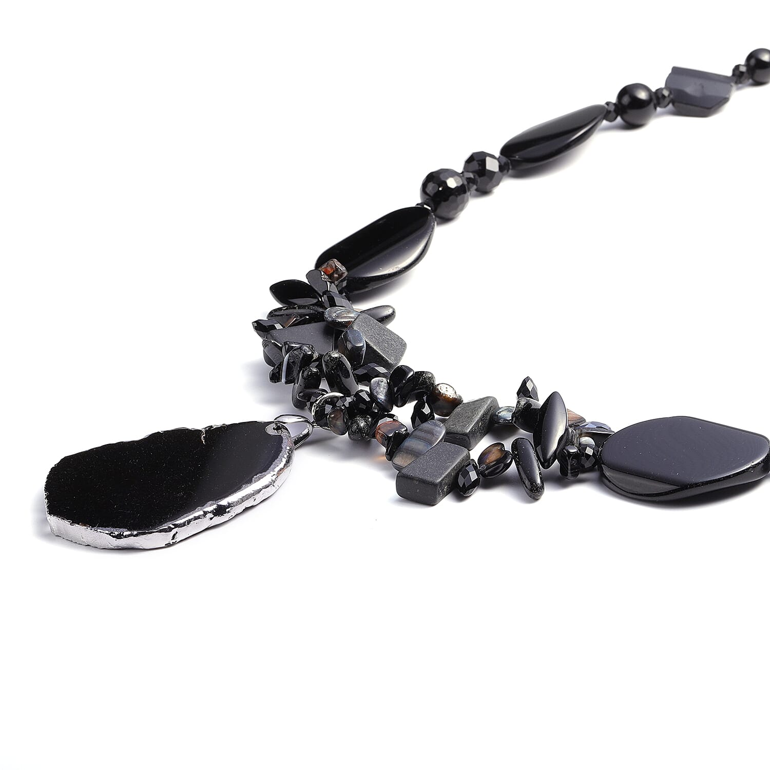 Black Agate, Black Quartzite, Simulated Black Spinel and Black Shell Necklace (Size 28 with 3 inch Extender)
