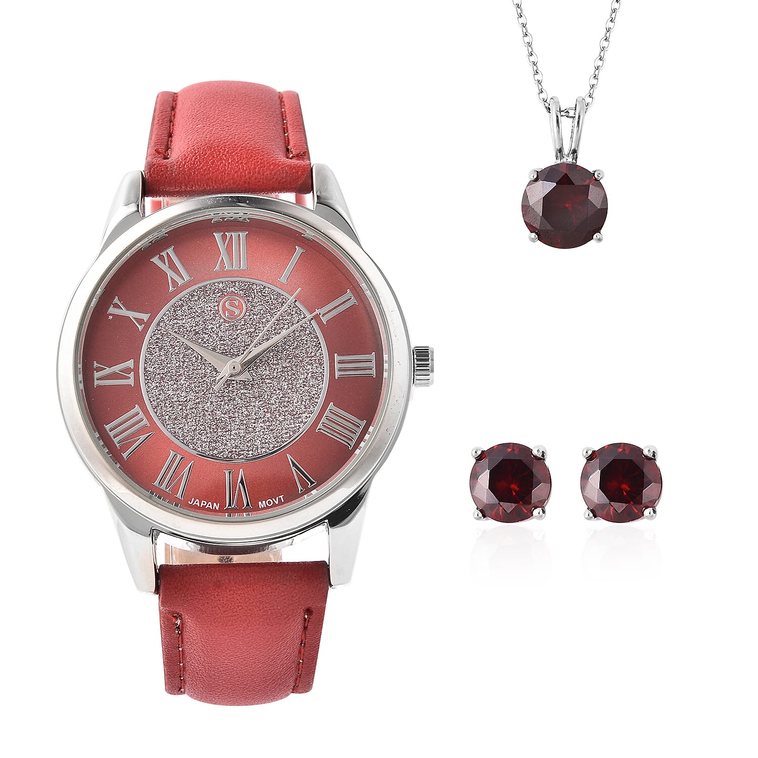 3 Piece Set - STRADA Japanese Movement Water Resistant Watch with Red Strap, Simulated Garnet Studded Stud Earrings (with Push Back) and Pendant with Chain (Size 20) in Silver Tone
