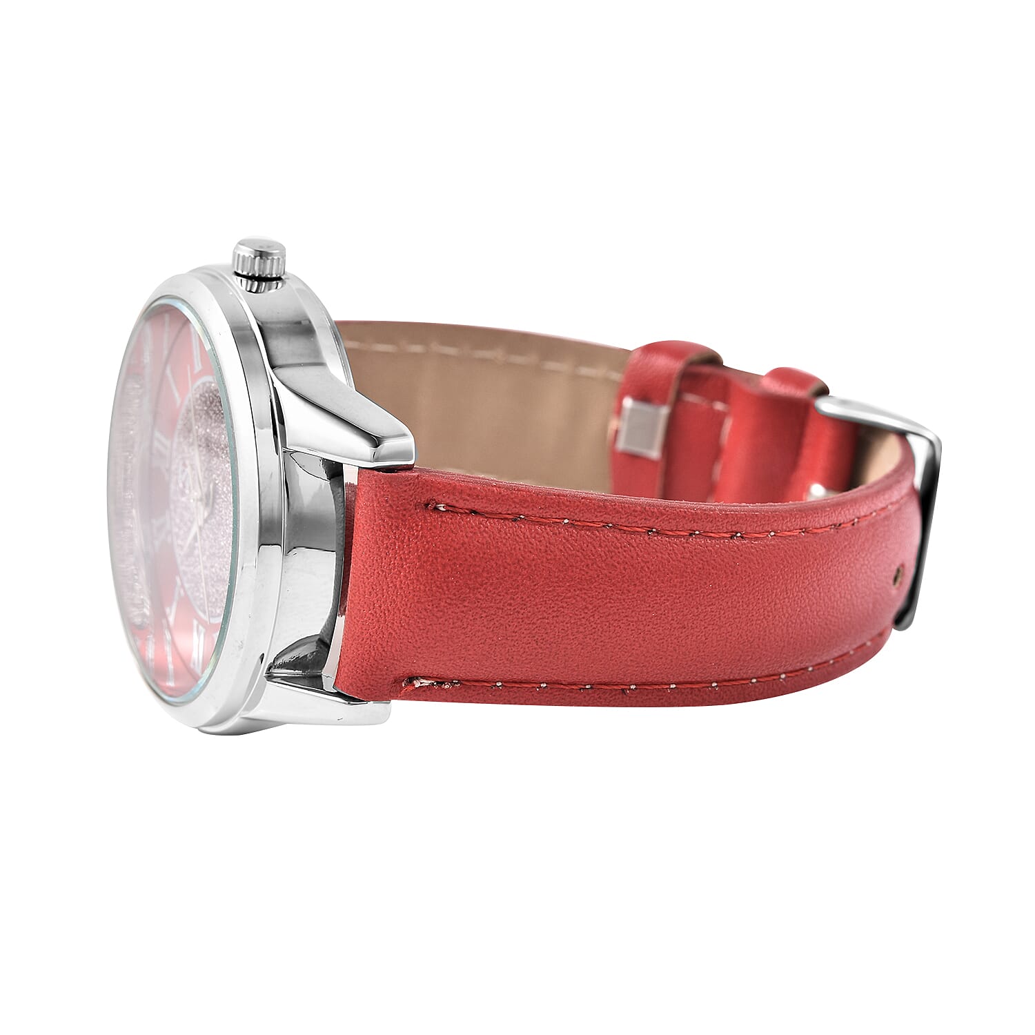 3 Piece Set - STRADA Japanese Movement Water Resistant Watch with Red Strap, Simulated Garnet Studded Stud Earrings (with Push Back) and Pendant with Chain (Size 20) in Silver Tone