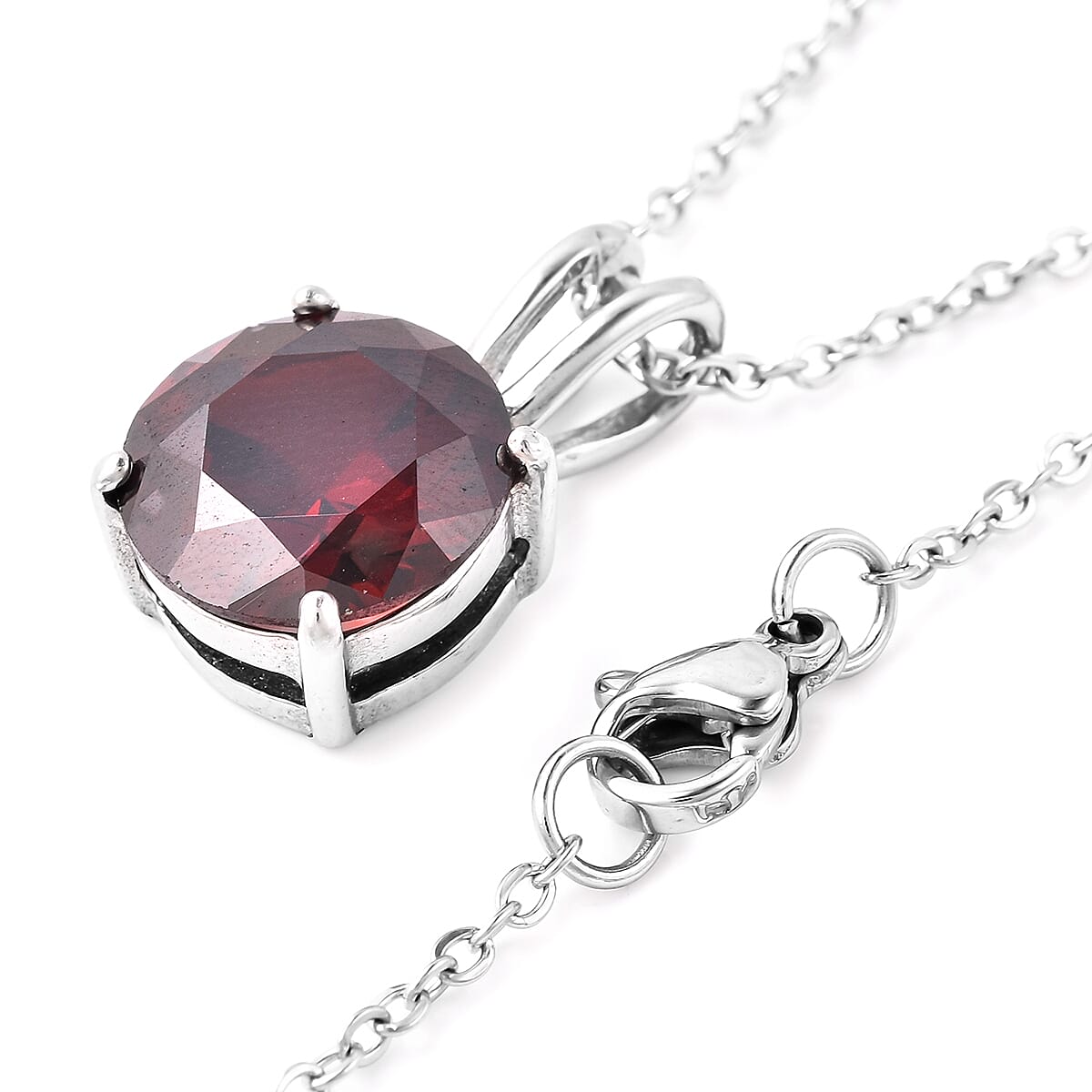 3 Piece Set - STRADA Japanese Movement Water Resistant Watch with Red Strap, Simulated Garnet Studded Stud Earrings (with Push Back) and Pendant with Chain (Size 20) in Silver Tone