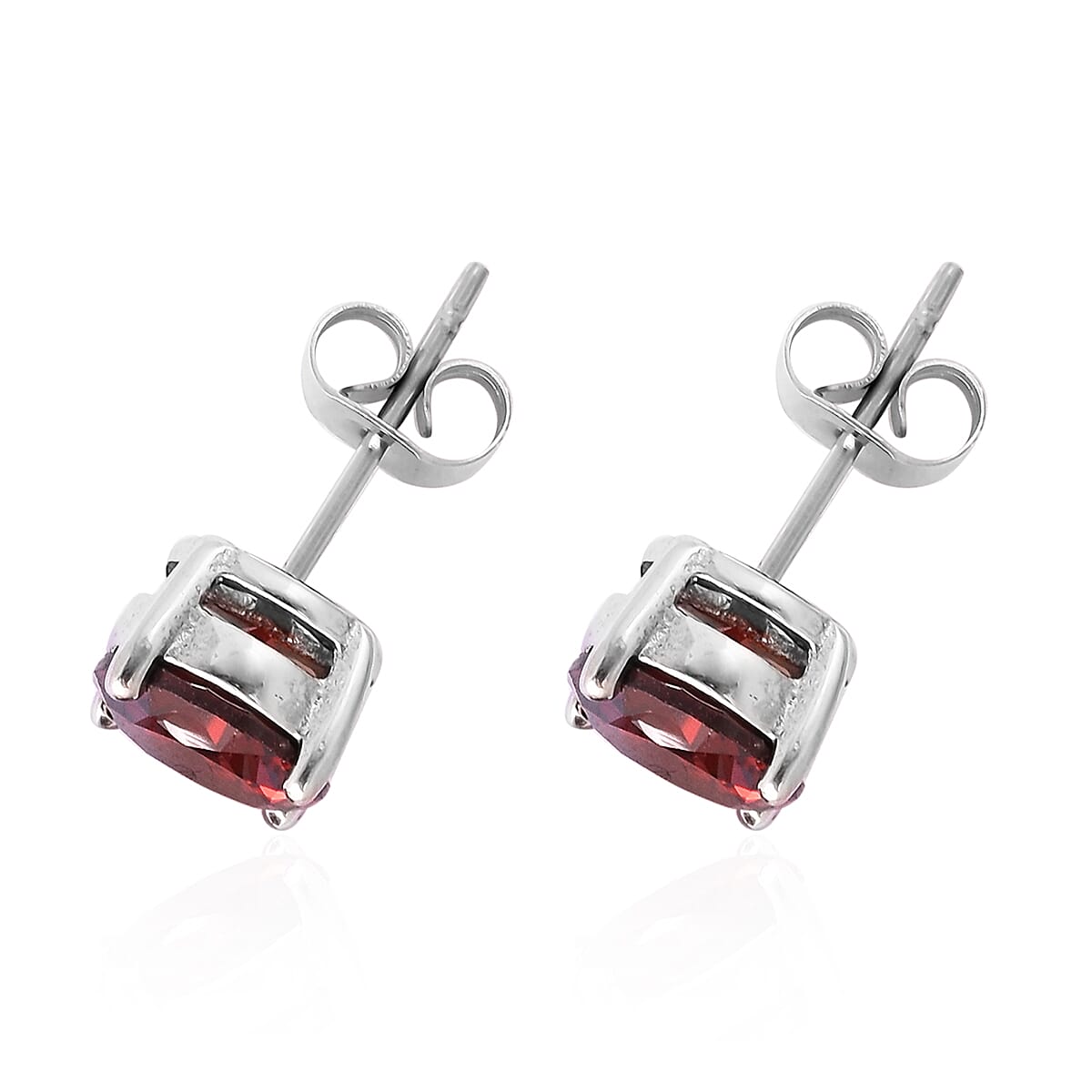 3 Piece Set - STRADA Japanese Movement Water Resistant Watch with Red Strap, Simulated Garnet Studded Stud Earrings (with Push Back) and Pendant with Chain (Size 20) in Silver Tone