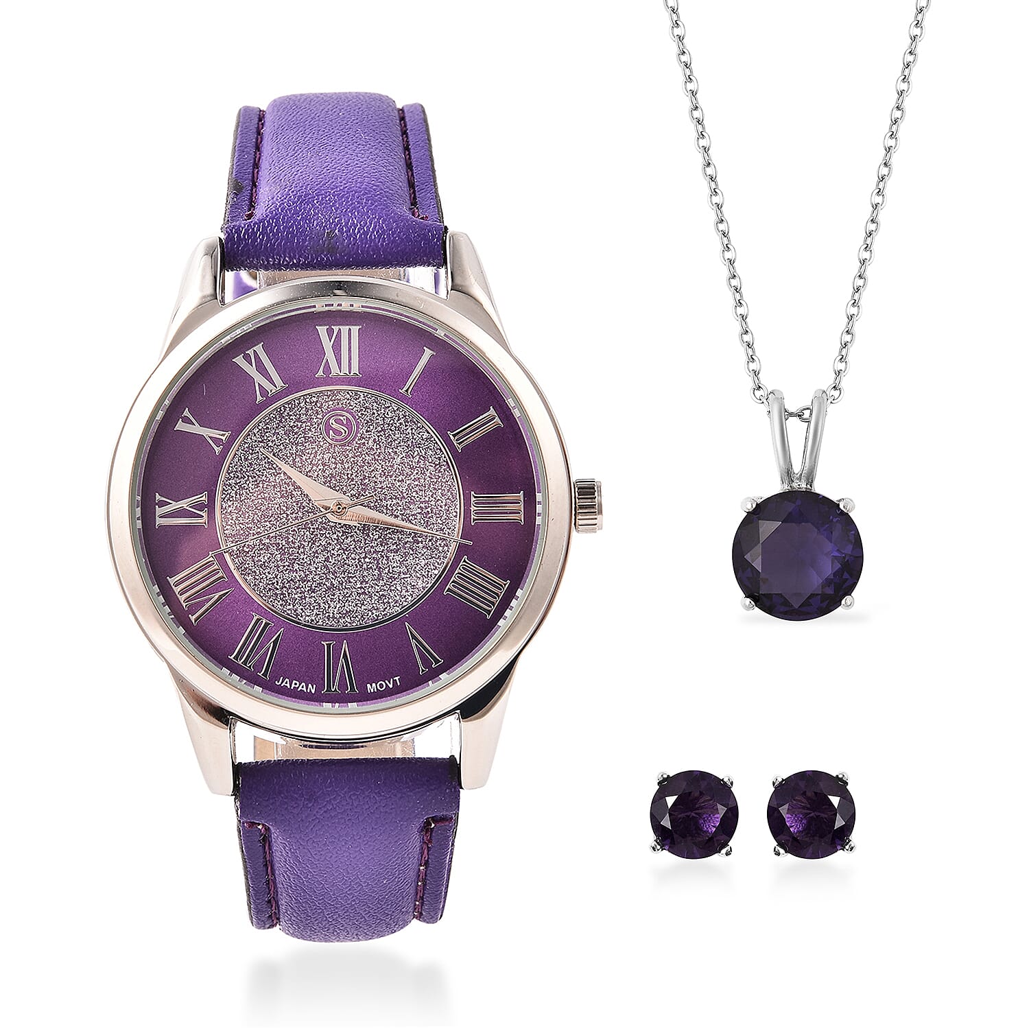 3 Piece Set - STRADA Japanese Movement Water Resistant Watch with Purple Strap, Simulated Amethyst Studded Stud Earrings (with Push Back) and Pendant with Chain (Size 20) in Silver Tone