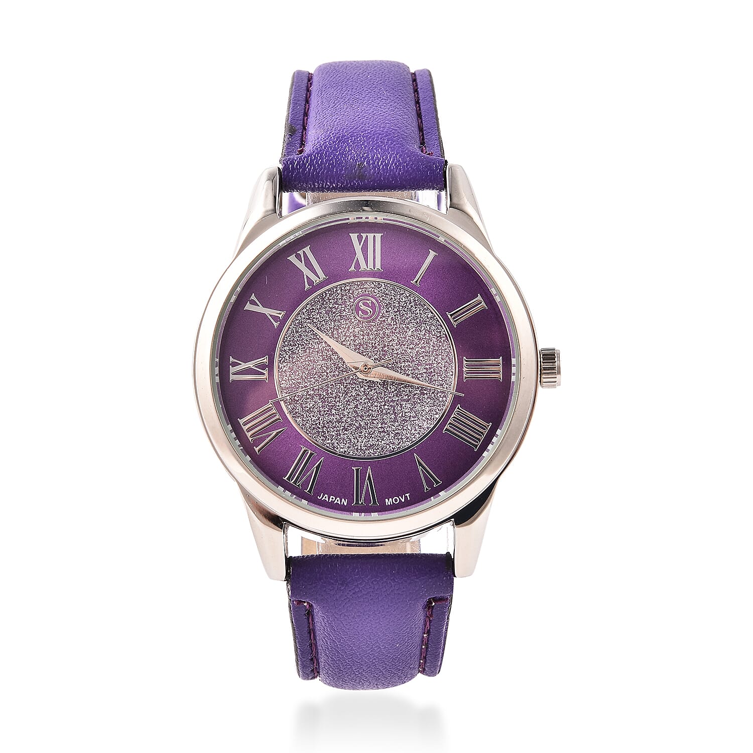 3 Piece Set - STRADA Japanese Movement Water Resistant Watch with Purple Strap, Simulated Amethyst Studded Stud Earrings (with Push Back) and Pendant with Chain (Size 20) in Silver Tone