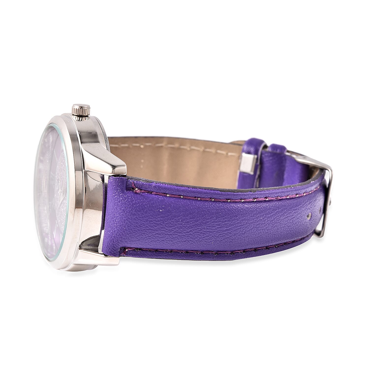 3 Piece Set - STRADA Japanese Movement Water Resistant Watch with Purple Strap, Simulated Amethyst Studded Stud Earrings (with Push Back) and Pendant with Chain (Size 20) in Silver Tone