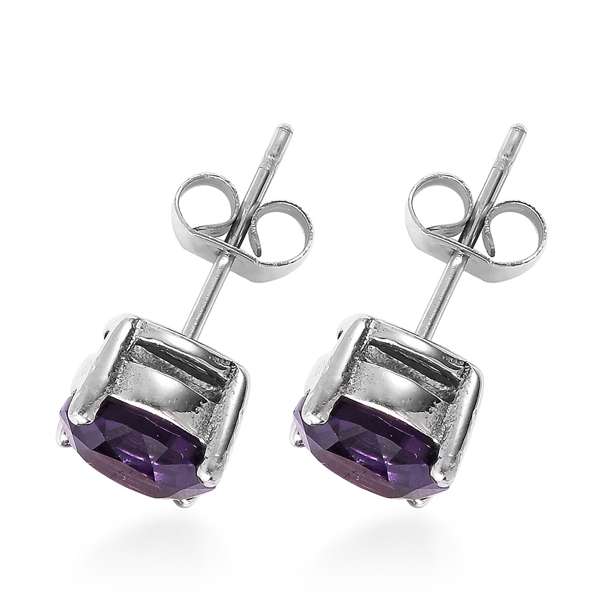 3 Piece Set - STRADA Japanese Movement Water Resistant Watch with Purple Strap, Simulated Amethyst Studded Stud Earrings (with Push Back) and Pendant with Chain (Size 20) in Silver Tone