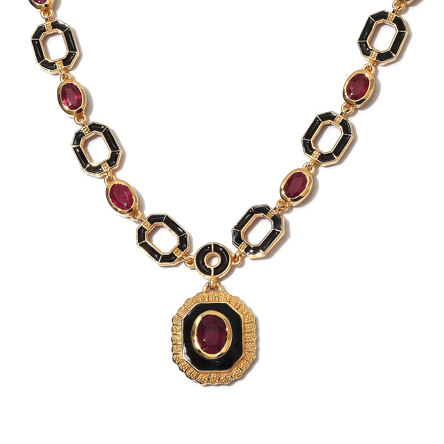 Designer -African Ruby Enamelled Necklace (Size 18) in 14K Gold Overlay Sterling Silver 12.00 Ct, Silver wt 26.00 Gms