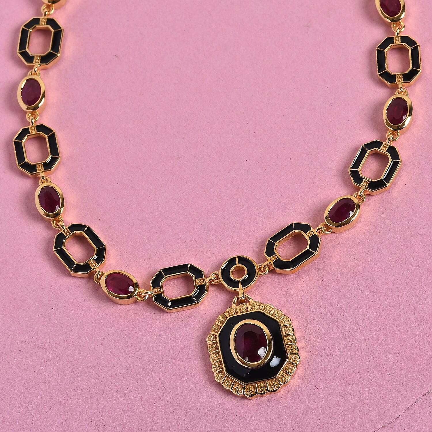 Designer -African Ruby Enamelled Necklace (Size 18) in 14K Gold Overlay Sterling Silver 12.00 Ct, Silver wt 26.00 Gms