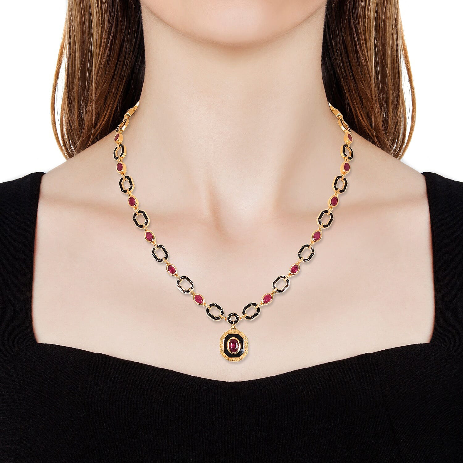 Designer -African Ruby Enamelled Necklace (Size 18) in 14K Gold Overlay Sterling Silver 12.00 Ct, Silver wt 26.00 Gms