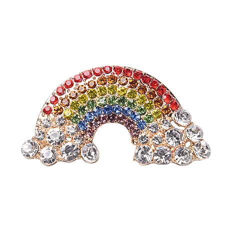 Multi Colour Austrian Crystal Rainbow Brooch in Yellow Gold Tone